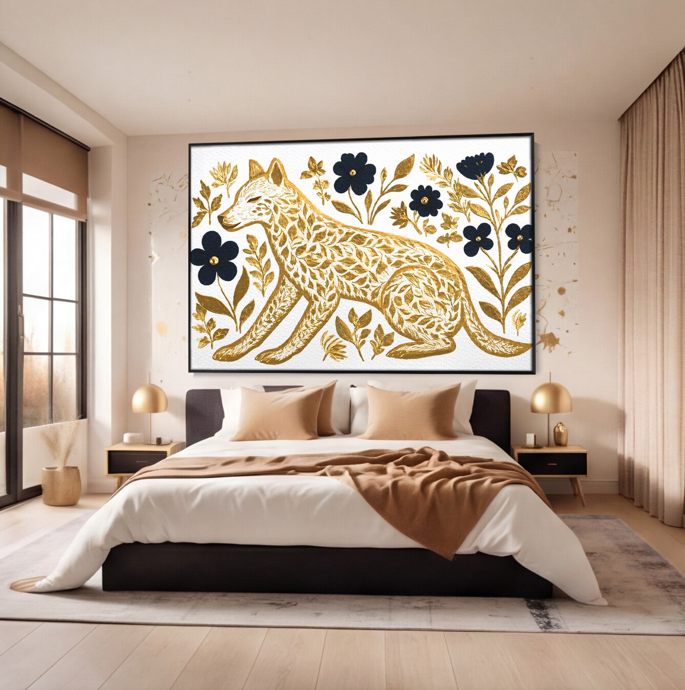 Tablou Canvas Premium LuxCanva® M1580, Eleganță Sălbatică, Lup, Floral, Auriu, Natura, Living, Culori Vibrante