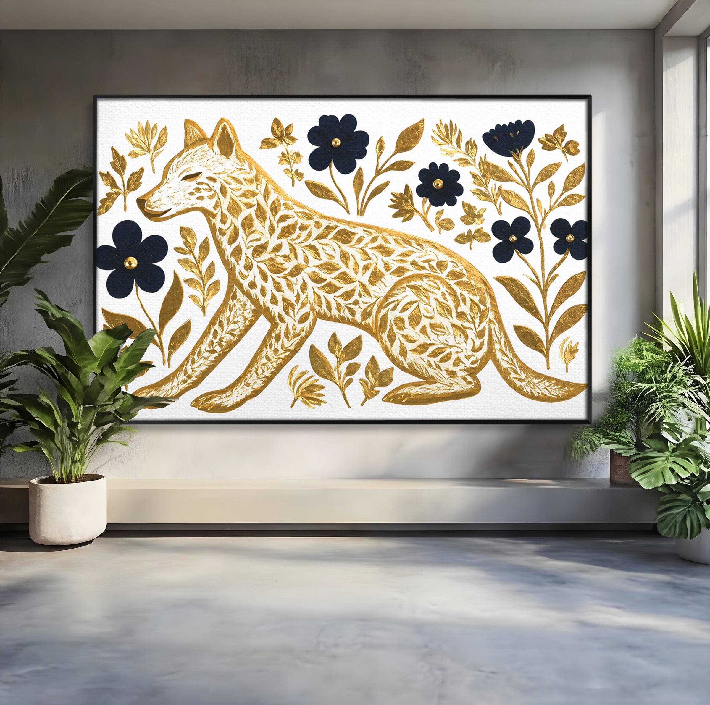 Tablou Canvas Premium LuxCanva® M1580, Eleganță Sălbatică, Lup, Floral, Auriu, Natura, Living, Culori Vibrante