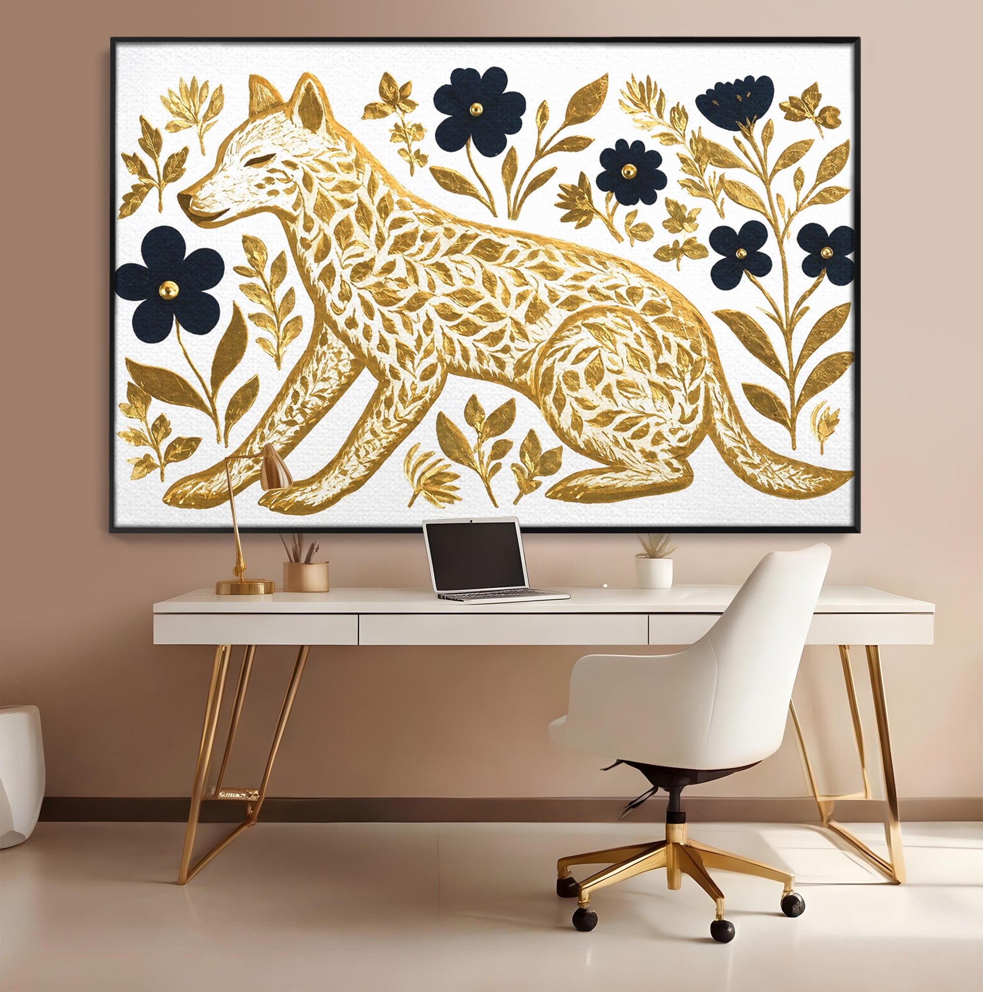 Tablou Canvas Premium LuxCanva® M1580, Eleganță Sălbatică, Lup, Floral, Auriu, Natura, Living, Culori Vibrante