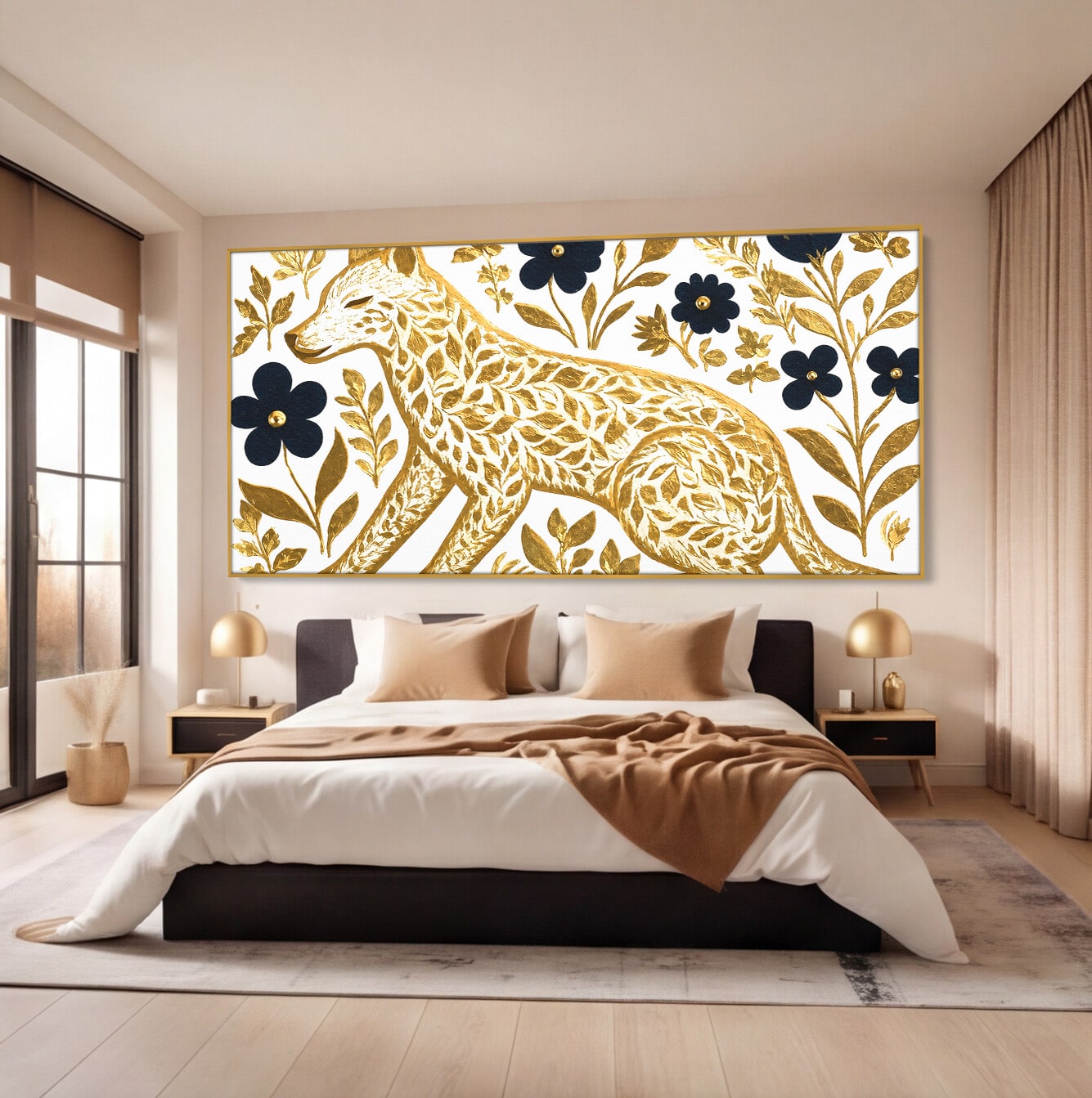 Tablou Canvas Premium LuxCanva® M1580, Eleganță Sălbatică, Lup, Floral, Auriu, Natura, Living, Culori Vibrante