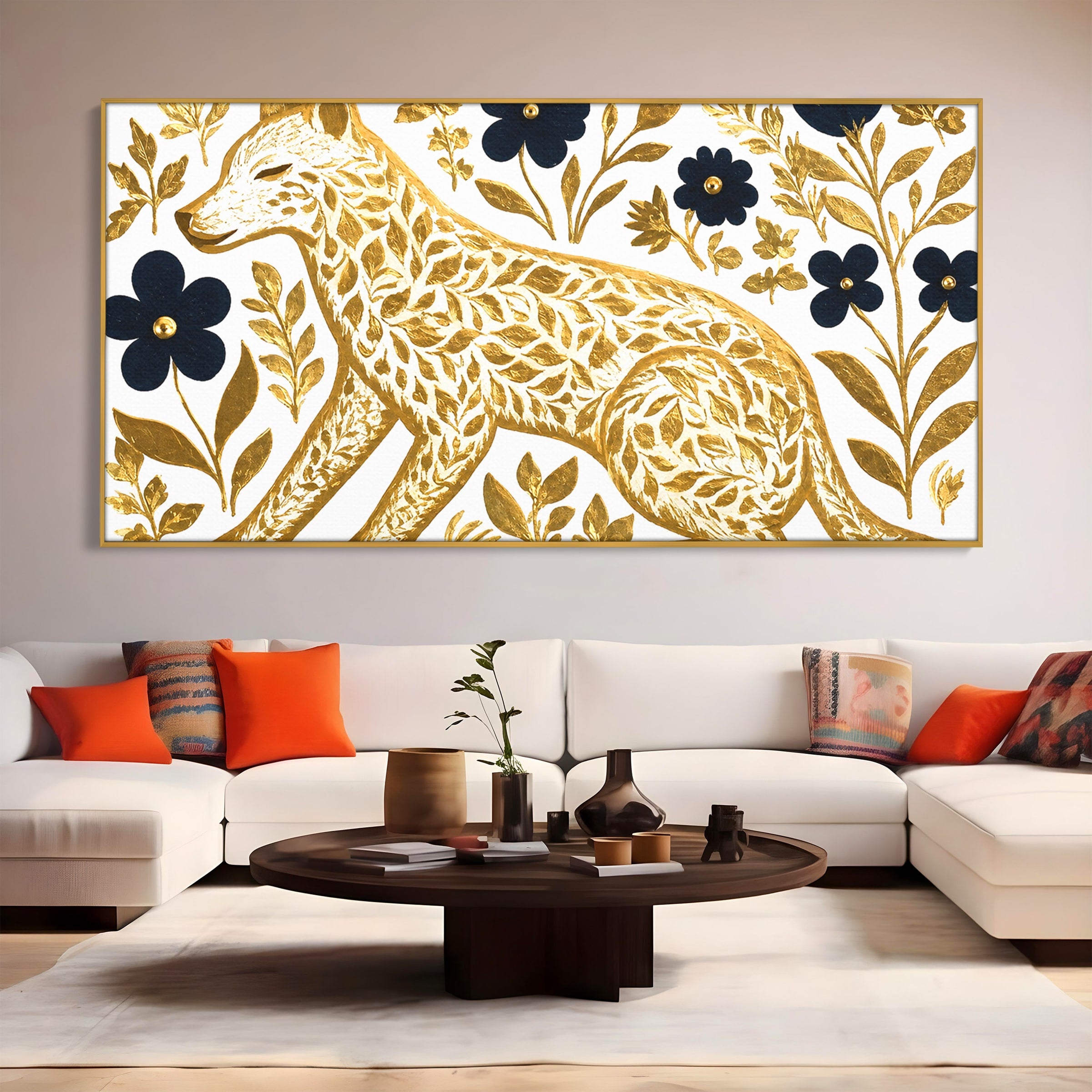 Tablou Canvas Premium LuxCanva® M1580, Eleganță Sălbatică, Lup, Floral, Auriu, Natura, Living, Culori Vibrante