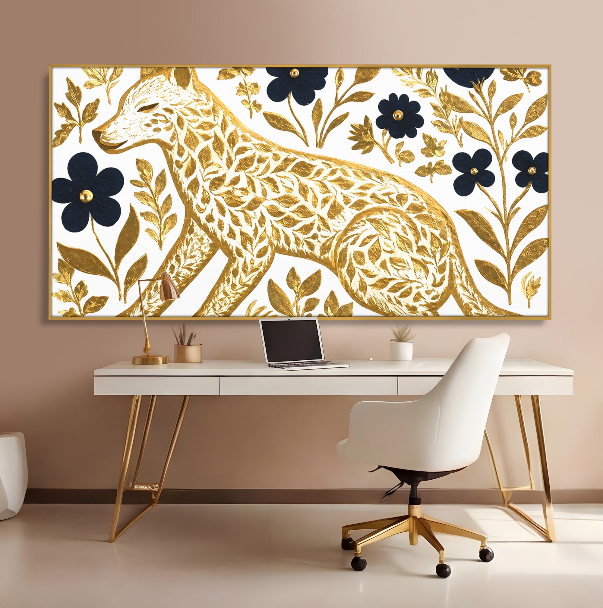 Tablou Canvas Premium LuxCanva® M1580, Eleganță Sălbatică, Lup, Floral, Auriu, Natura, Living, Culori Vibrante