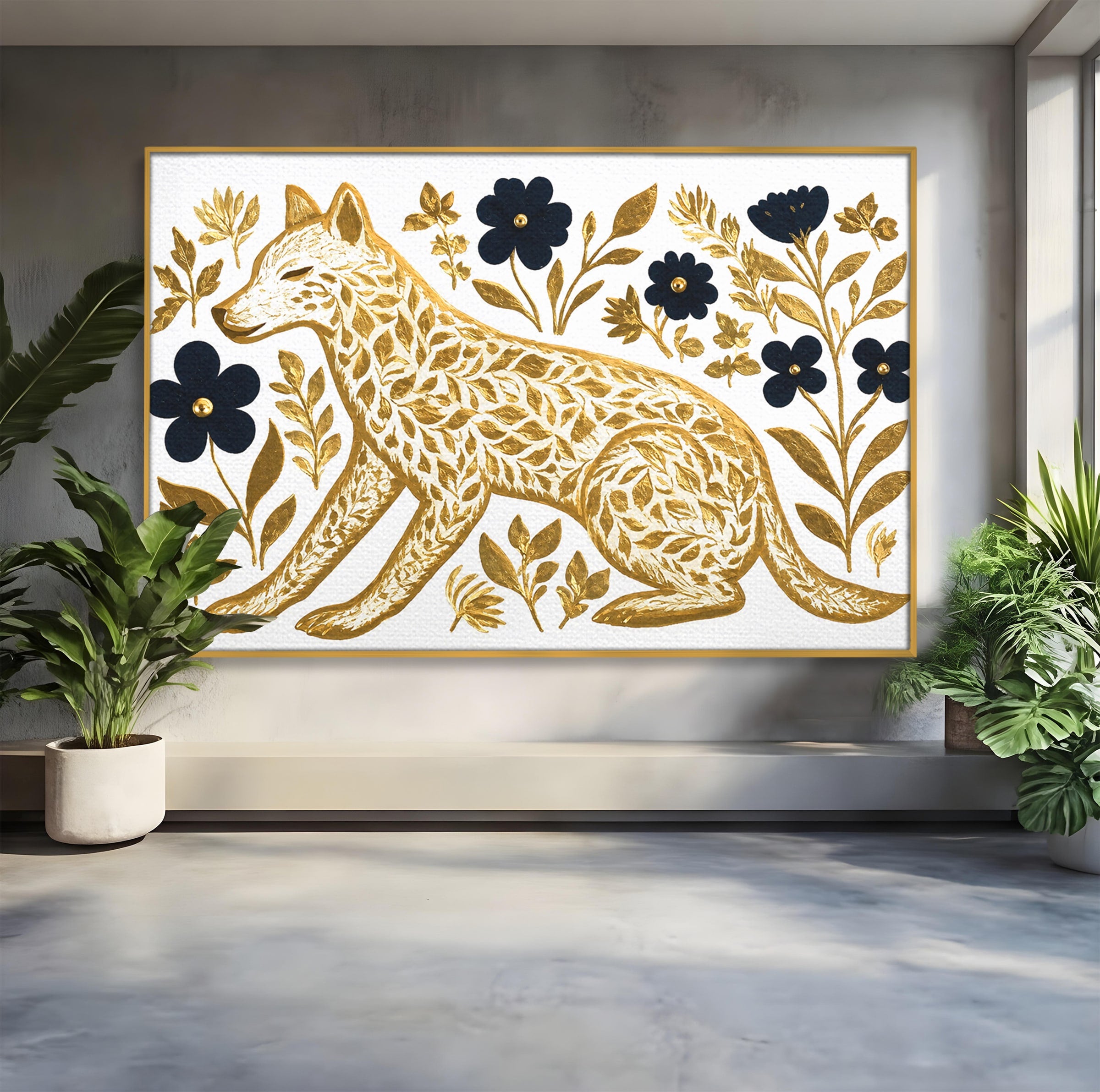 Tablou Canvas Premium LuxCanva® M1580, Eleganță Sălbatică, Lup, Floral, Auriu, Natura, Living, Culori Vibrante
