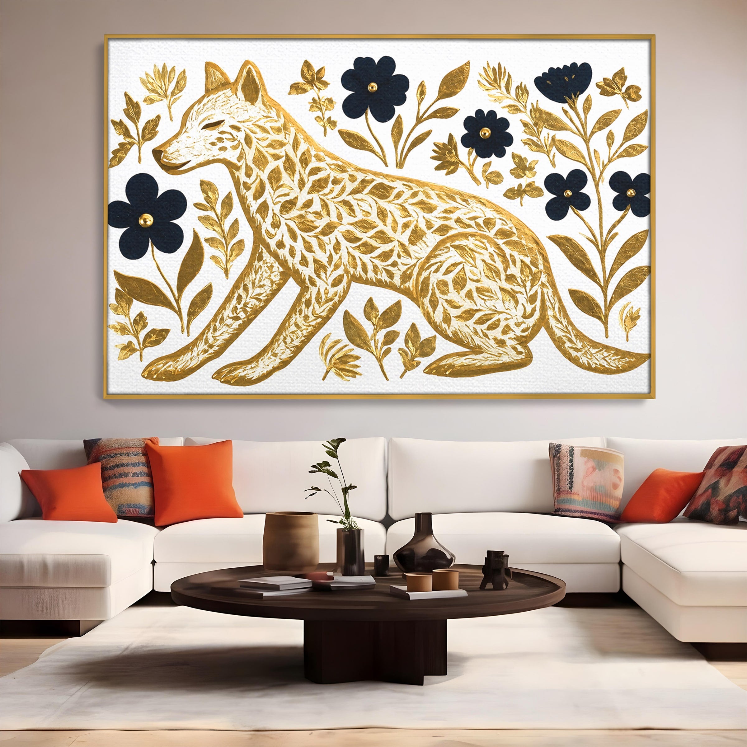Tablou Canvas Premium LuxCanva® M1580, Eleganță Sălbatică, Lup, Floral, Auriu, Natura, Living, Culori Vibrante