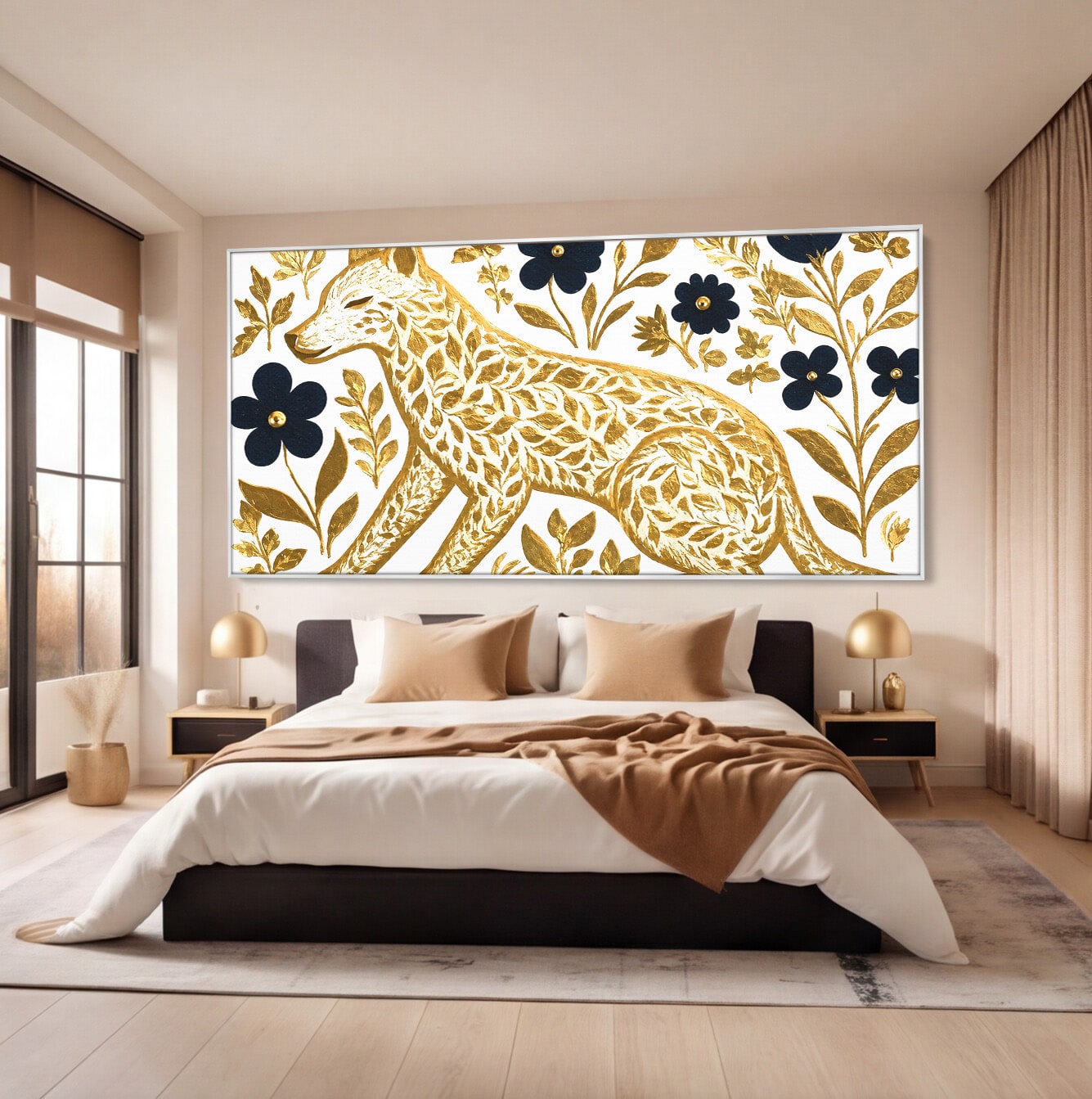 Tablou Canvas Premium LuxCanva® M1580, Eleganță Sălbatică, Lup, Floral, Auriu, Natura, Living, Culori Vibrante