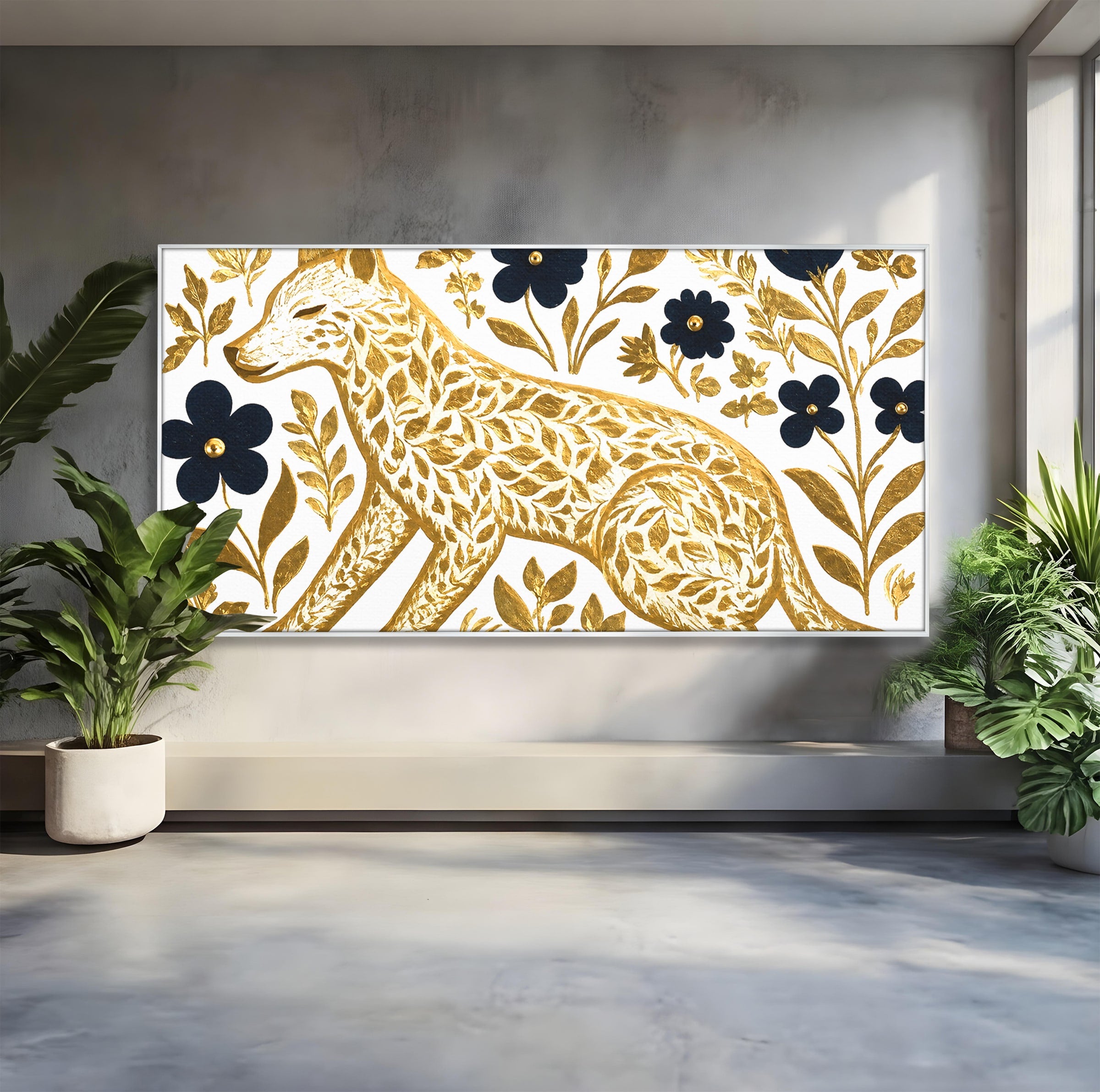 Tablou Canvas Premium LuxCanva® M1580, Eleganță Sălbatică, Lup, Floral, Auriu, Natura, Living, Culori Vibrante