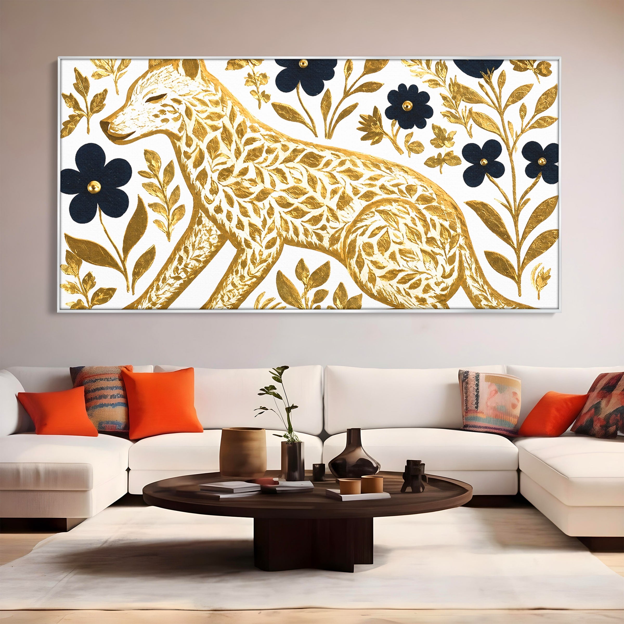 Tablou Canvas Premium LuxCanva® M1580, Eleganță Sălbatică, Lup, Floral, Auriu, Natura, Living, Culori Vibrante
