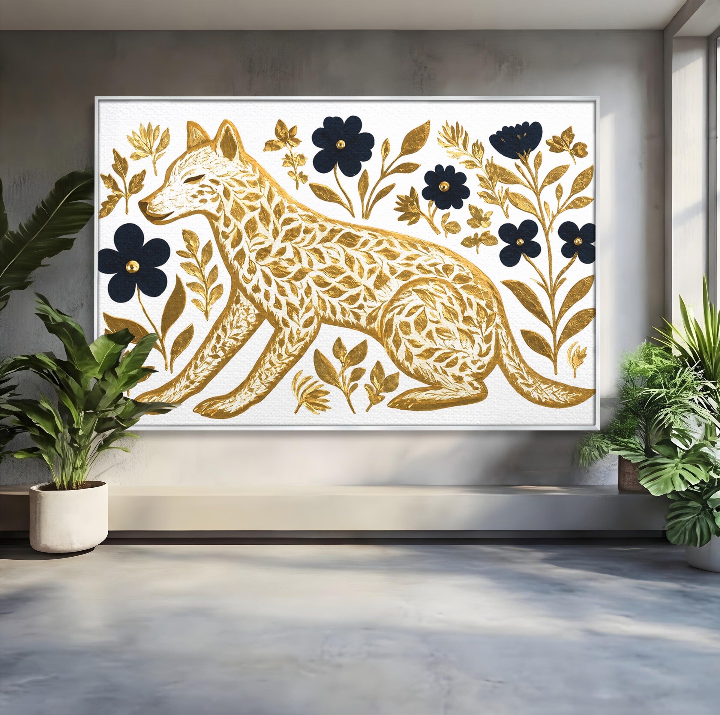 Tablou Canvas Premium LuxCanva® M1580, Eleganță Sălbatică, Lup, Floral, Auriu, Natura, Living, Culori Vibrante