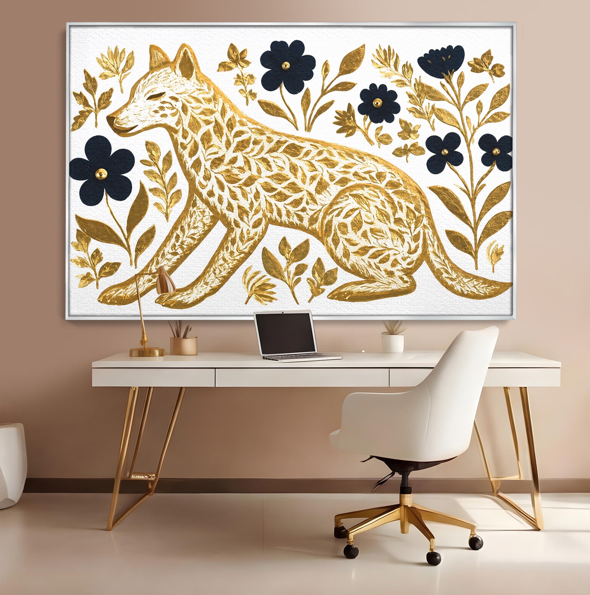 Tablou Canvas Premium LuxCanva® M1580, Eleganță Sălbatică, Lup, Floral, Auriu, Natura, Living, Culori Vibrante