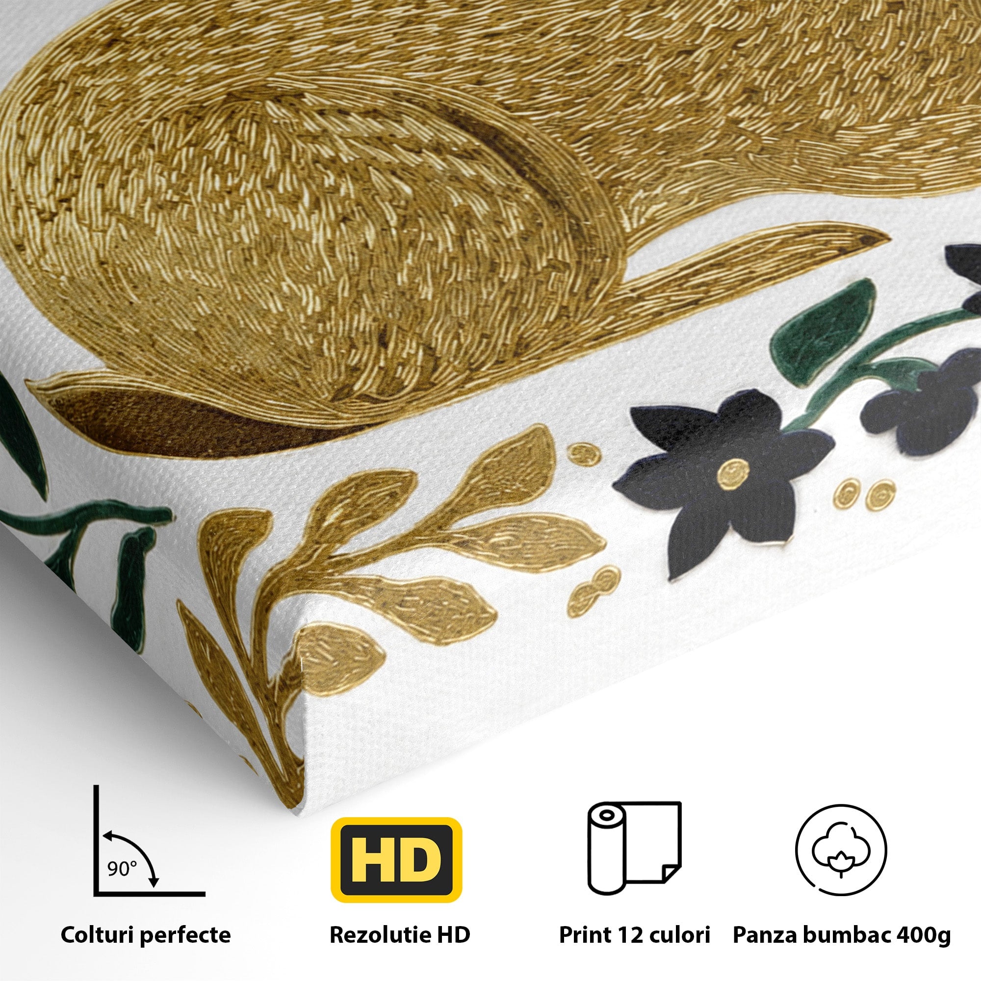 Tablou Canvas Premium LuxCanva® M1581, Iepure De Aur, Iepure, Auriu, Floral, Natura, Living, Culori Vibrante
