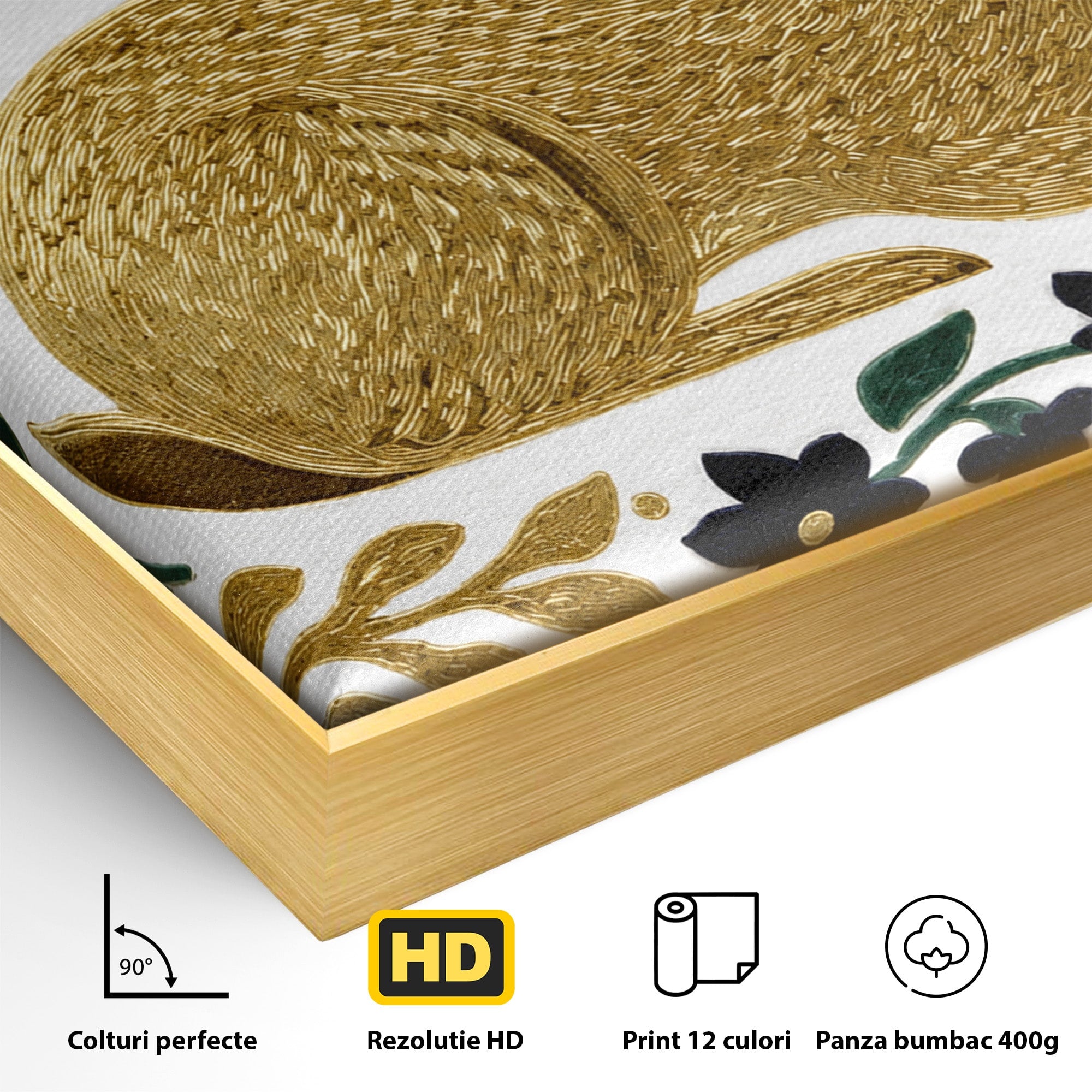 Tablou Canvas Premium LuxCanva® M1581, Iepure De Aur, Iepure, Auriu, Floral, Natura, Living, Culori Vibrante