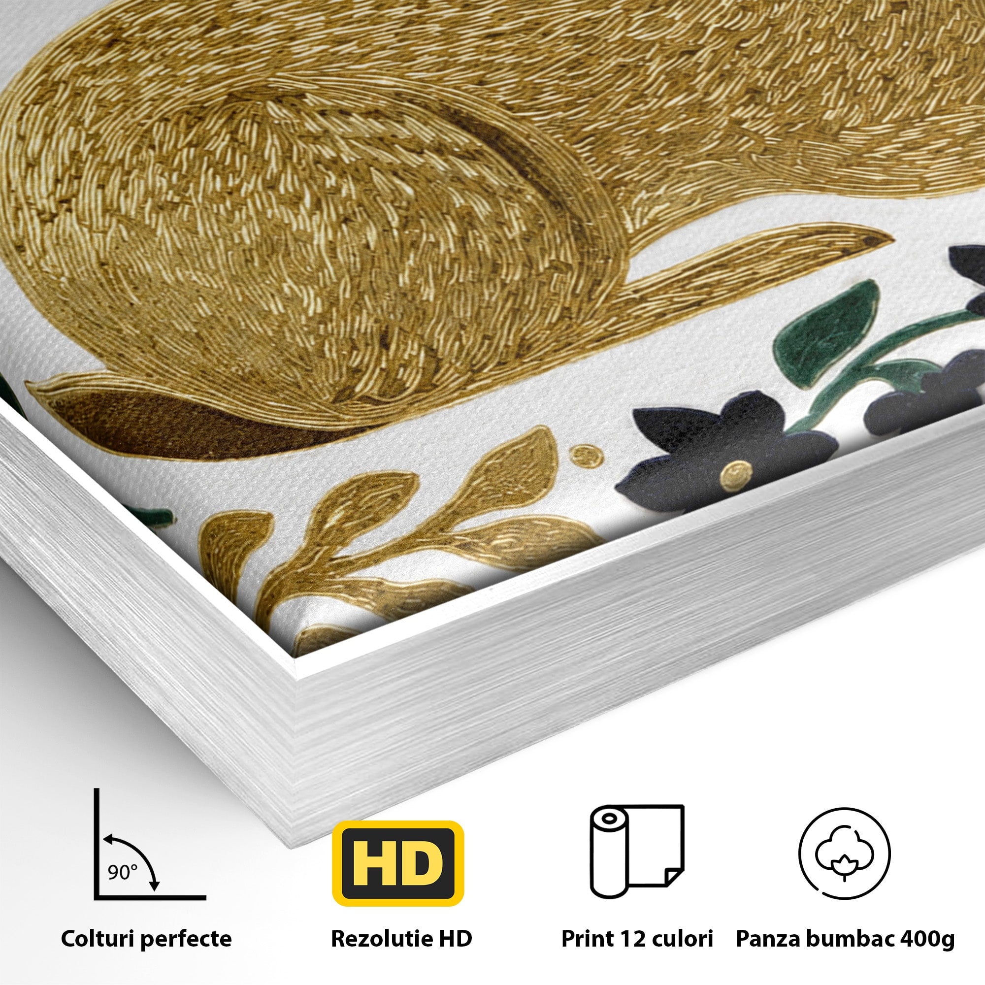 Tablou Canvas Premium LuxCanva® M1581, Iepure De Aur, Iepure, Auriu, Floral, Natura, Living, Culori Vibrante