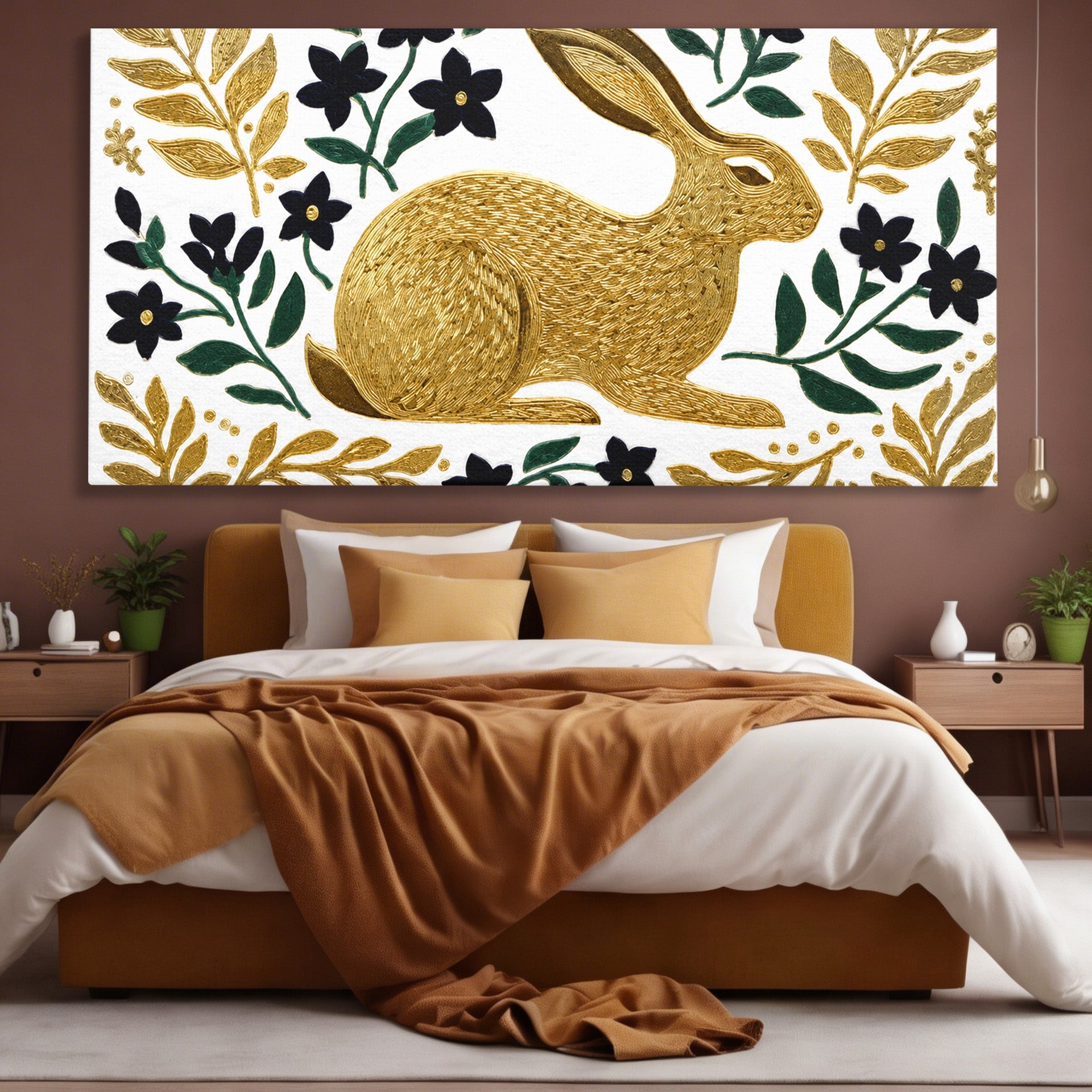Tablou Canvas Premium LuxCanva® M1581, Iepure De Aur, Iepure, Auriu, Floral, Natura, Living, Culori Vibrante