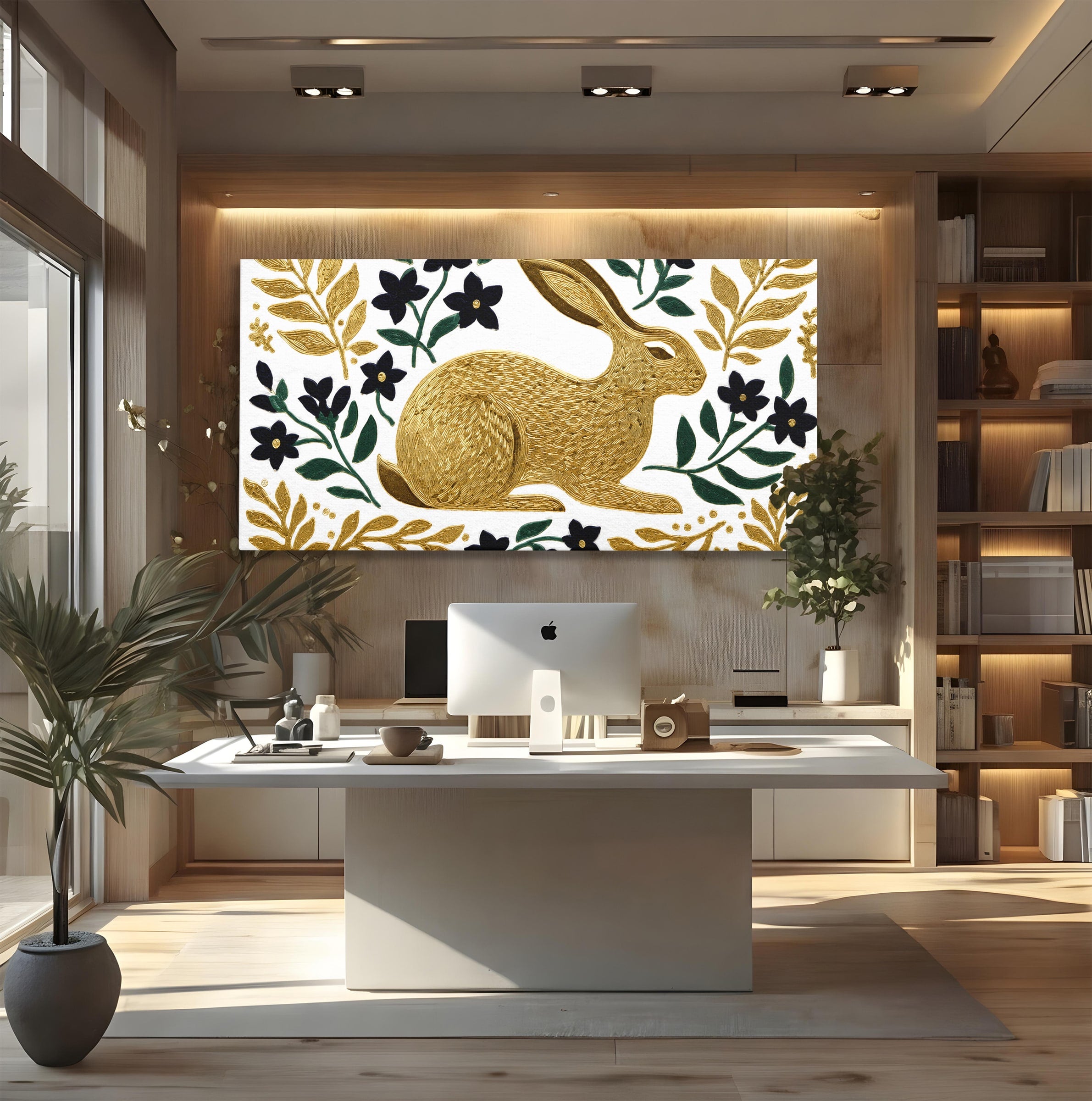 Tablou Canvas Premium LuxCanva® M1581, Iepure De Aur, Iepure, Auriu, Floral, Natura, Living, Culori Vibrante