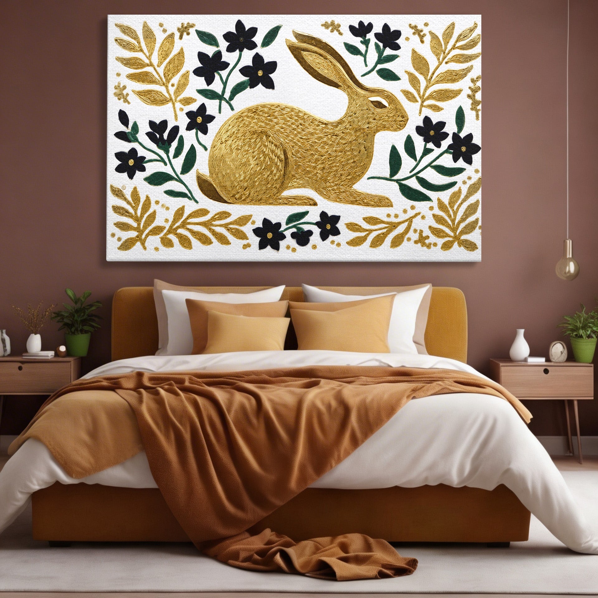 Tablou Canvas Premium LuxCanva® M1581, Iepure De Aur, Iepure, Auriu, Floral, Natura, Living, Culori Vibrante