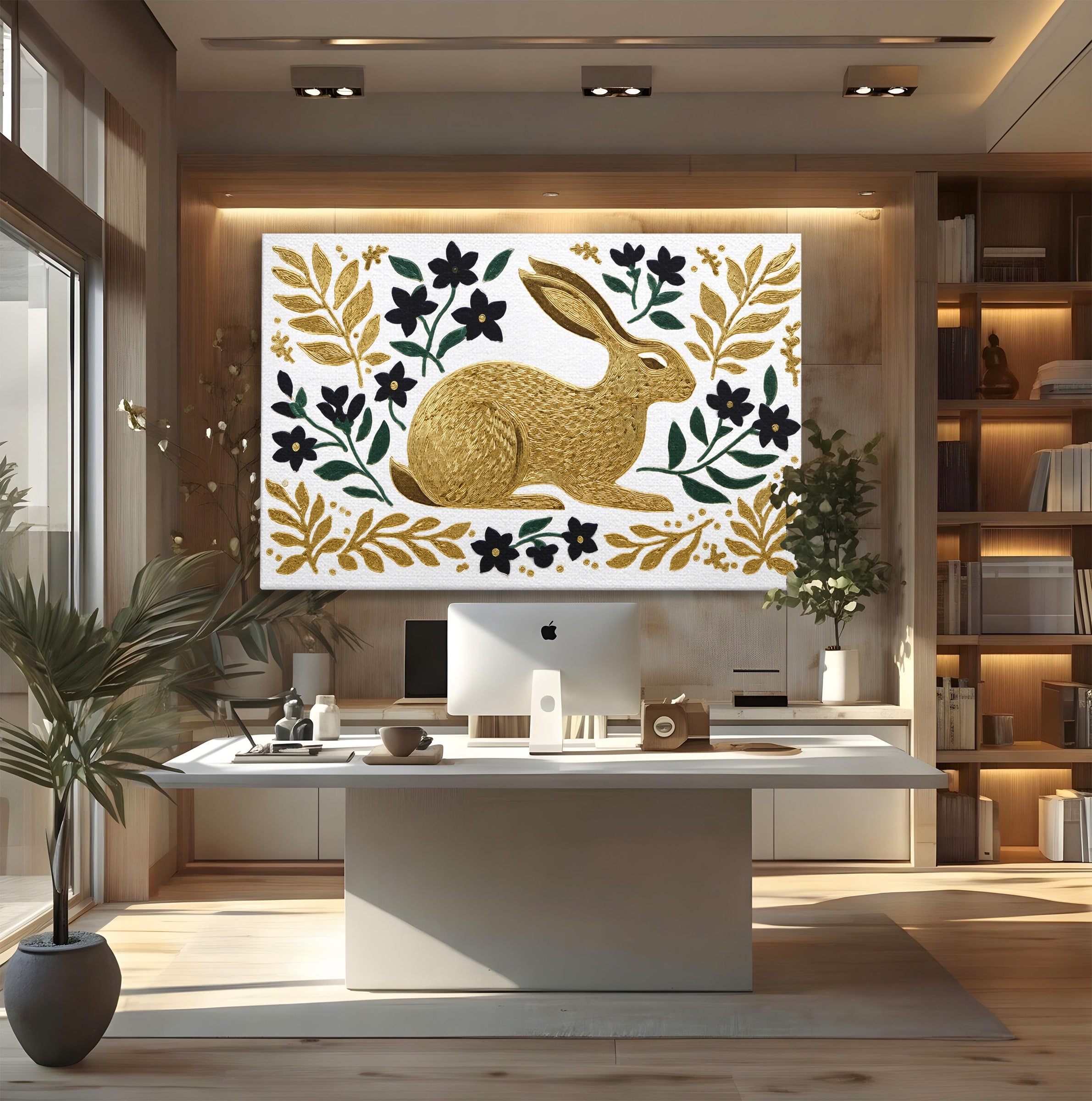 Tablou Canvas Premium LuxCanva® M1581, Iepure De Aur, Iepure, Auriu, Floral, Natura, Living, Culori Vibrante