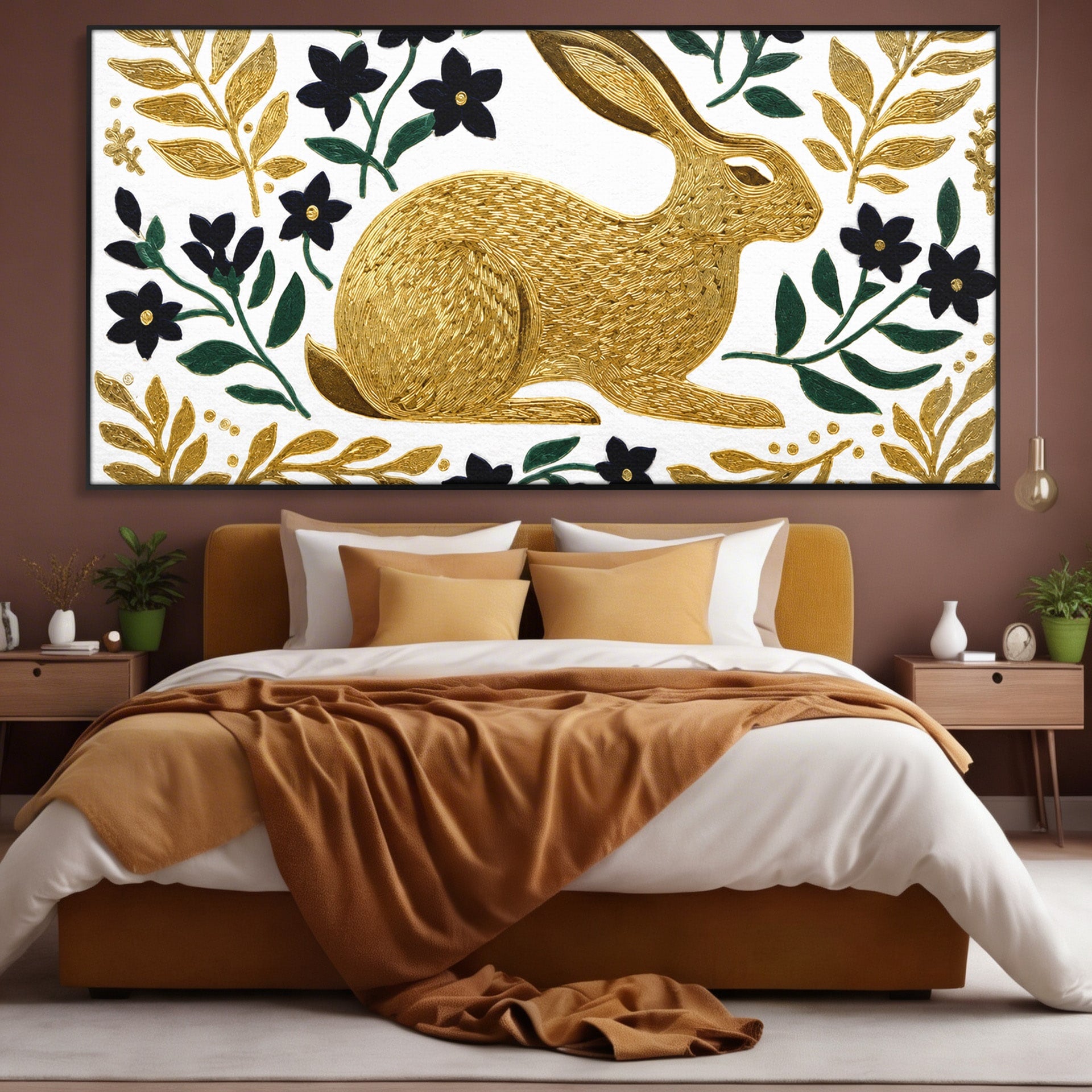 Tablou Canvas Premium LuxCanva® M1581, Iepure De Aur, Iepure, Auriu, Floral, Natura, Living, Culori Vibrante