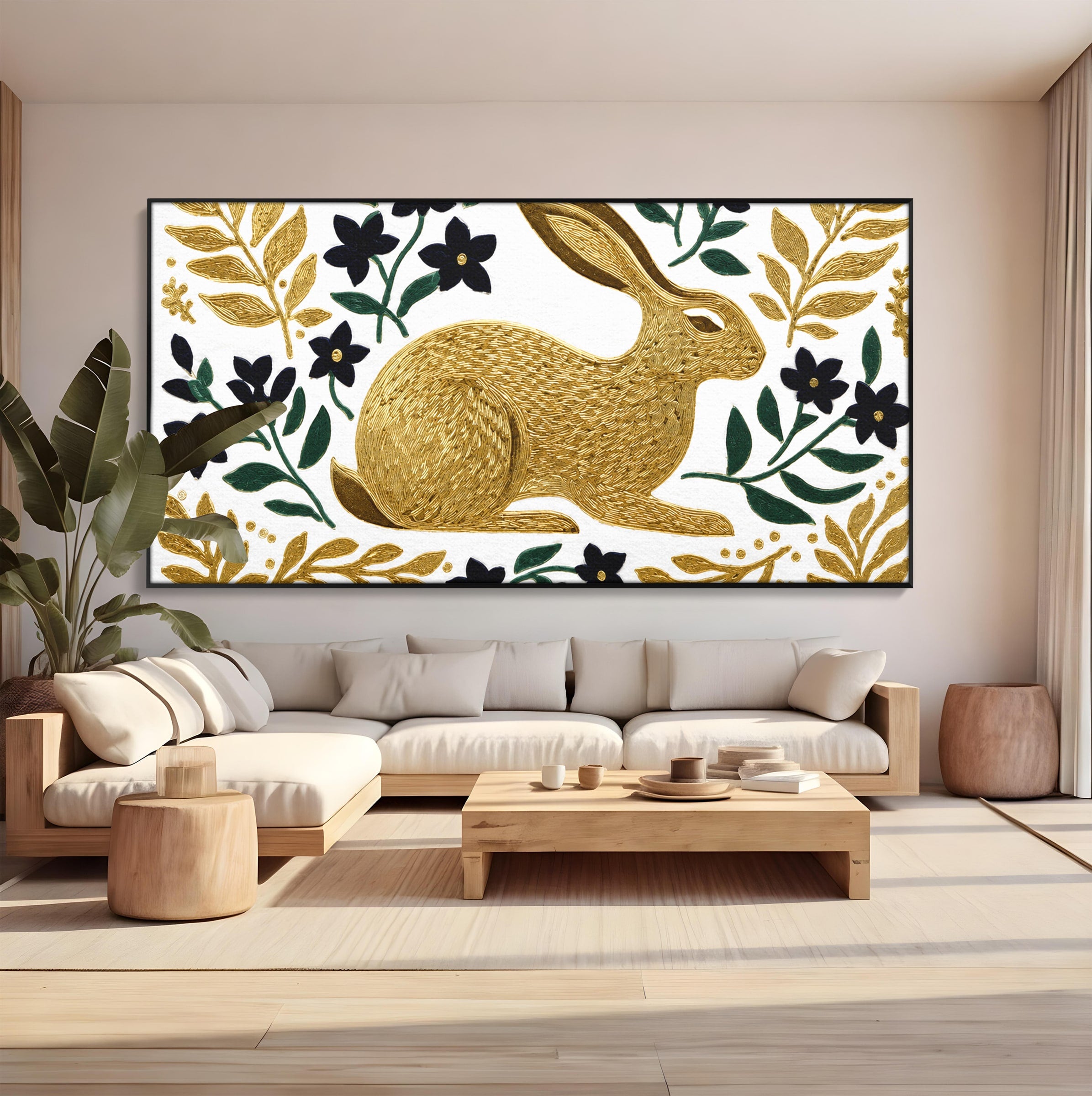 Tablou Canvas Premium LuxCanva® M1581, Iepure De Aur, Iepure, Auriu, Floral, Natura, Living, Culori Vibrante