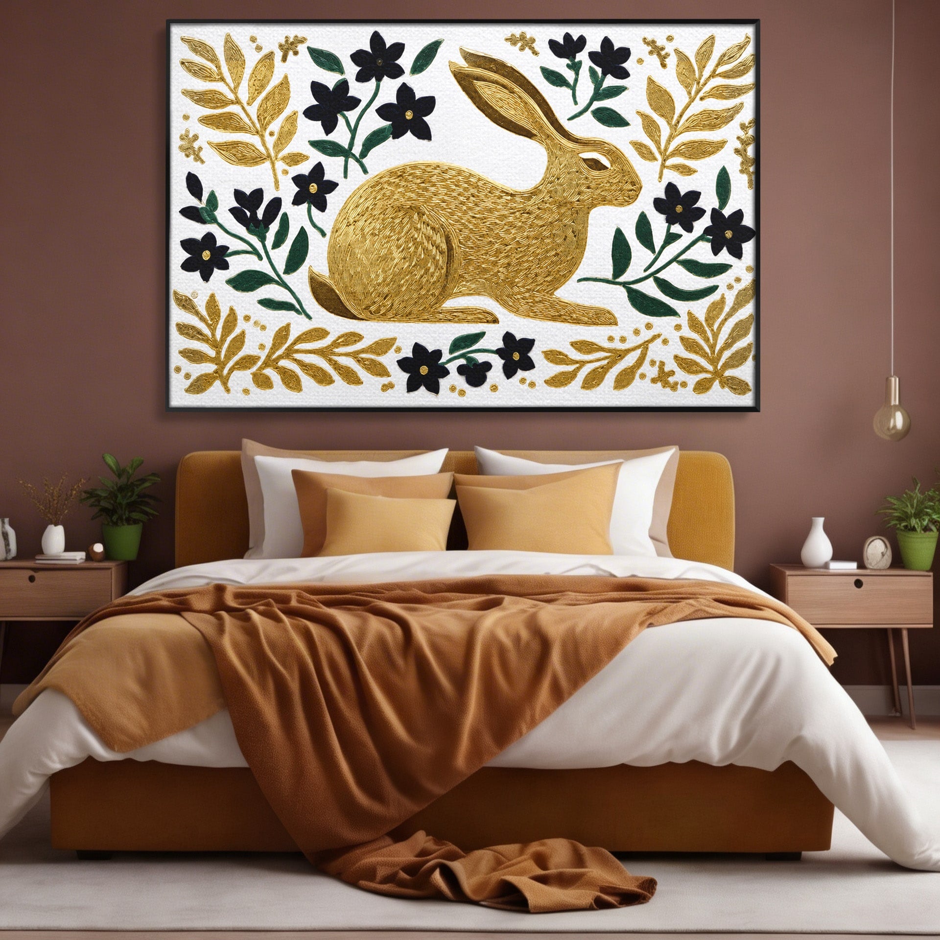 Tablou Canvas Premium LuxCanva® M1581, Iepure De Aur, Iepure, Auriu, Floral, Natura, Living, Culori Vibrante