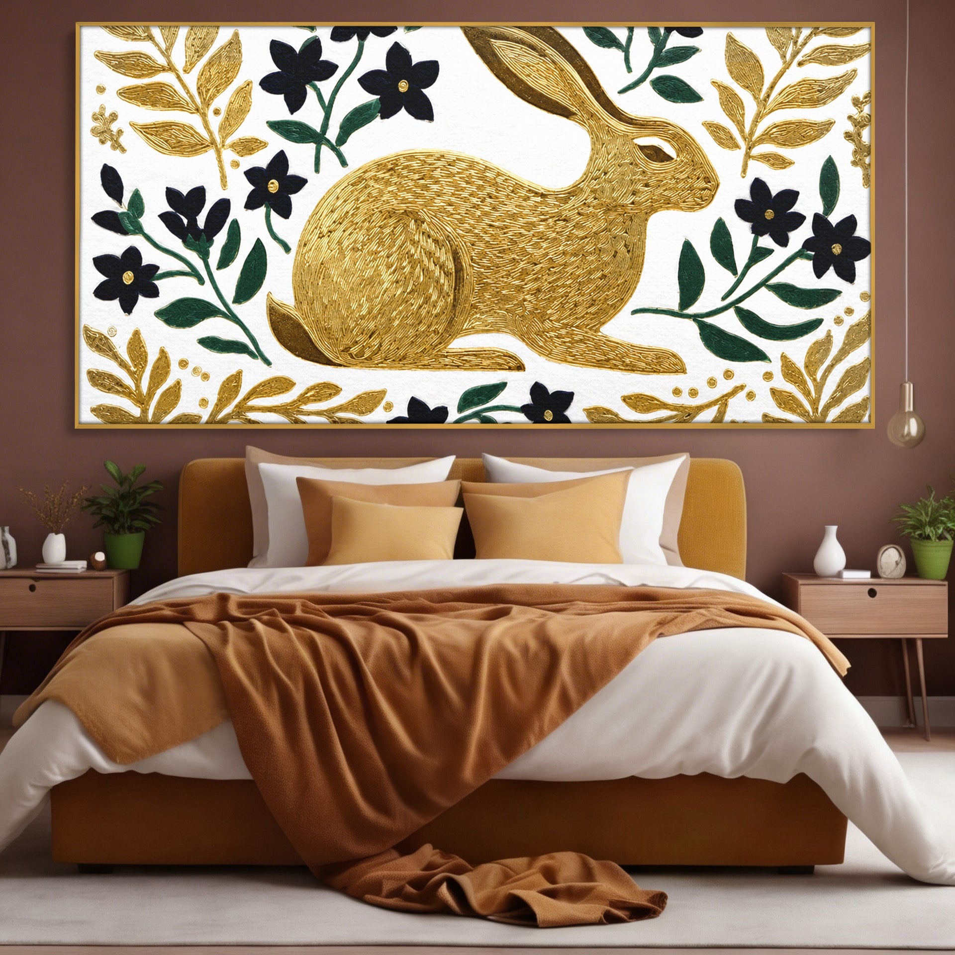 Tablou Canvas Premium LuxCanva® M1581, Iepure De Aur, Iepure, Auriu, Floral, Natura, Living, Culori Vibrante