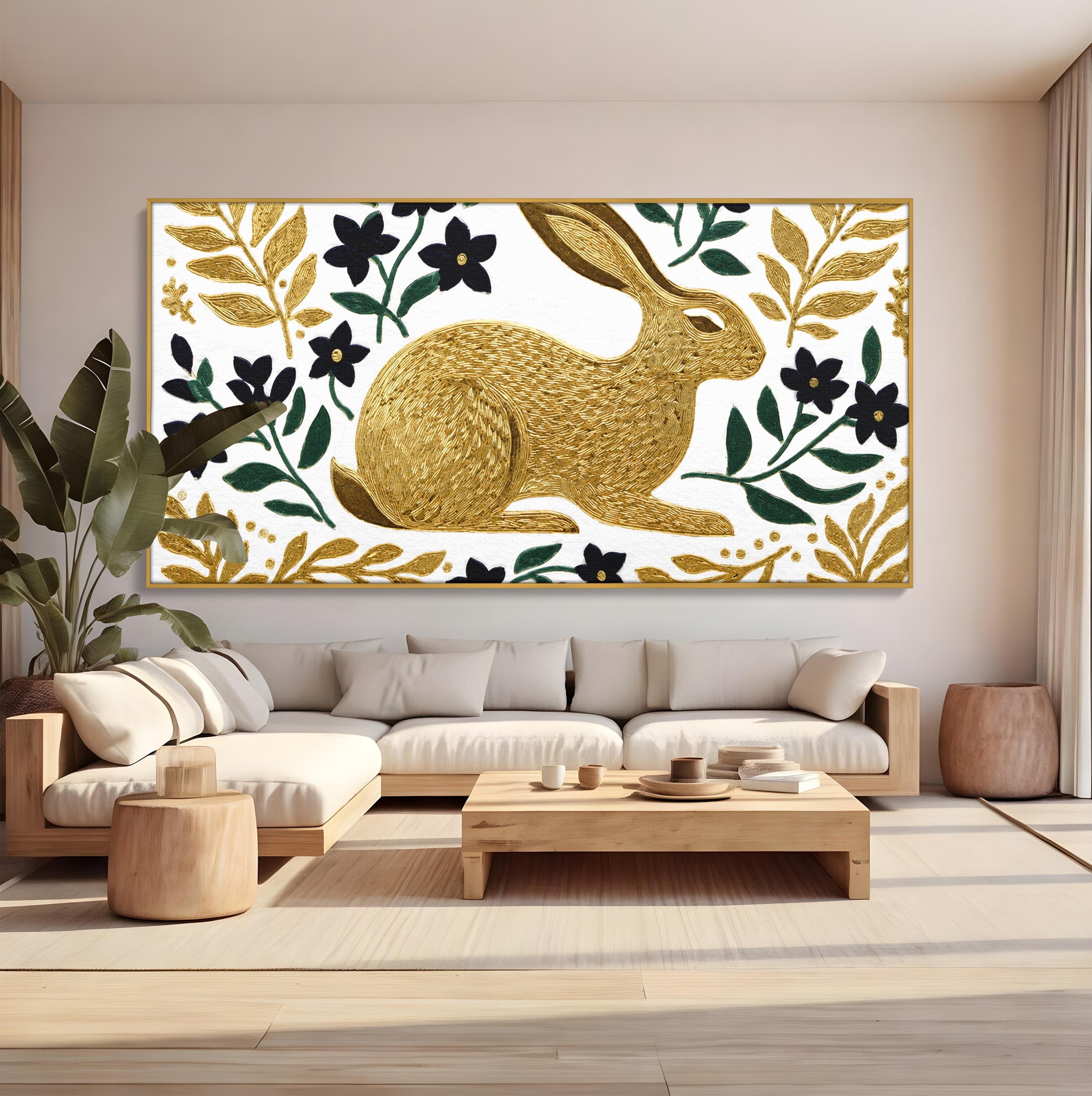Tablou Canvas Premium LuxCanva® M1581, Iepure De Aur, Iepure, Auriu, Floral, Natura, Living, Culori Vibrante