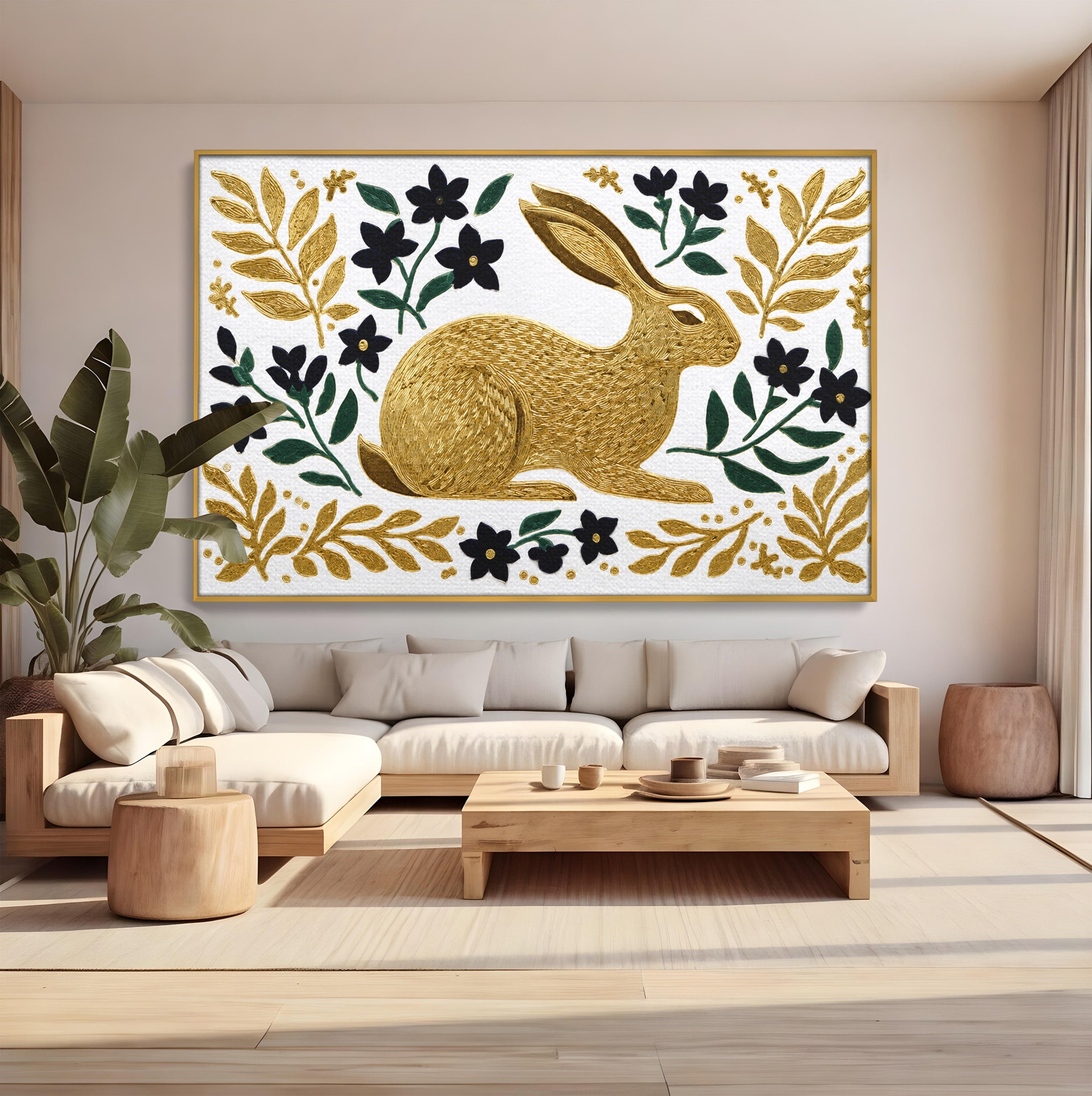 Tablou Canvas Premium LuxCanva® M1581, Iepure De Aur, Iepure, Auriu, Floral, Natura, Living, Culori Vibrante
