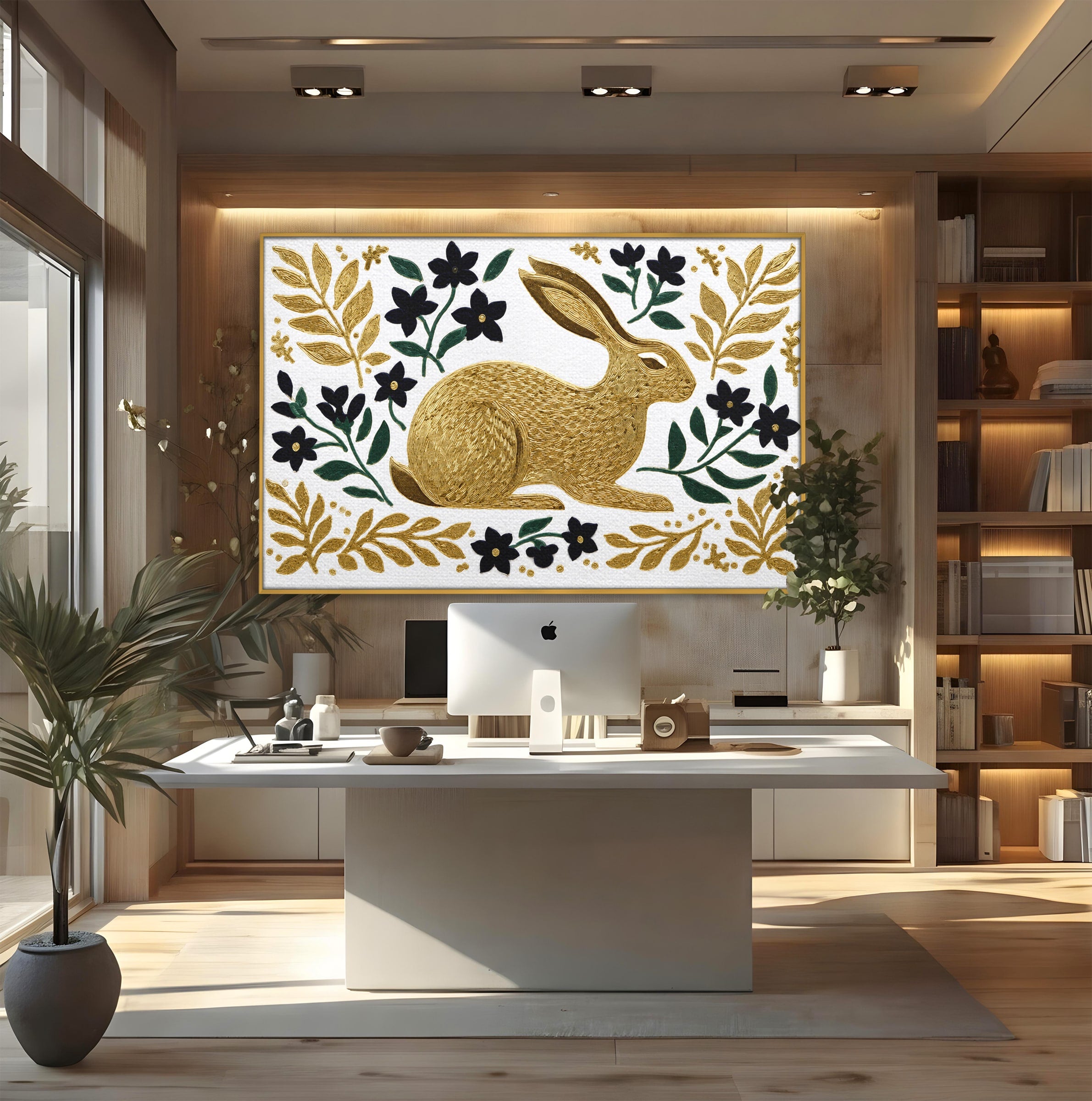 Tablou Canvas Premium LuxCanva® M1581, Iepure De Aur, Iepure, Auriu, Floral, Natura, Living, Culori Vibrante
