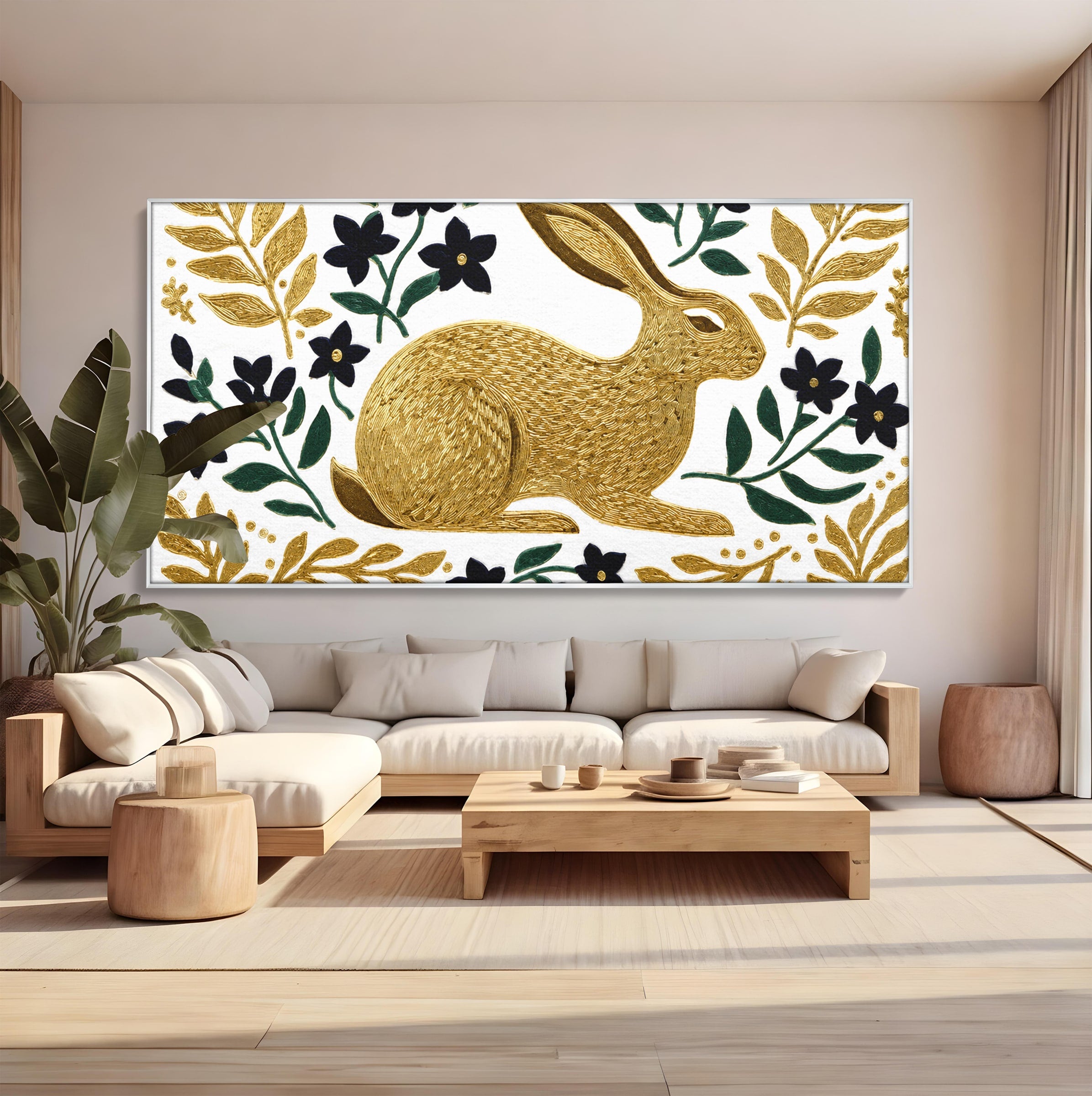 Tablou Canvas Premium LuxCanva® M1581, Iepure De Aur, Iepure, Auriu, Floral, Natura, Living, Culori Vibrante