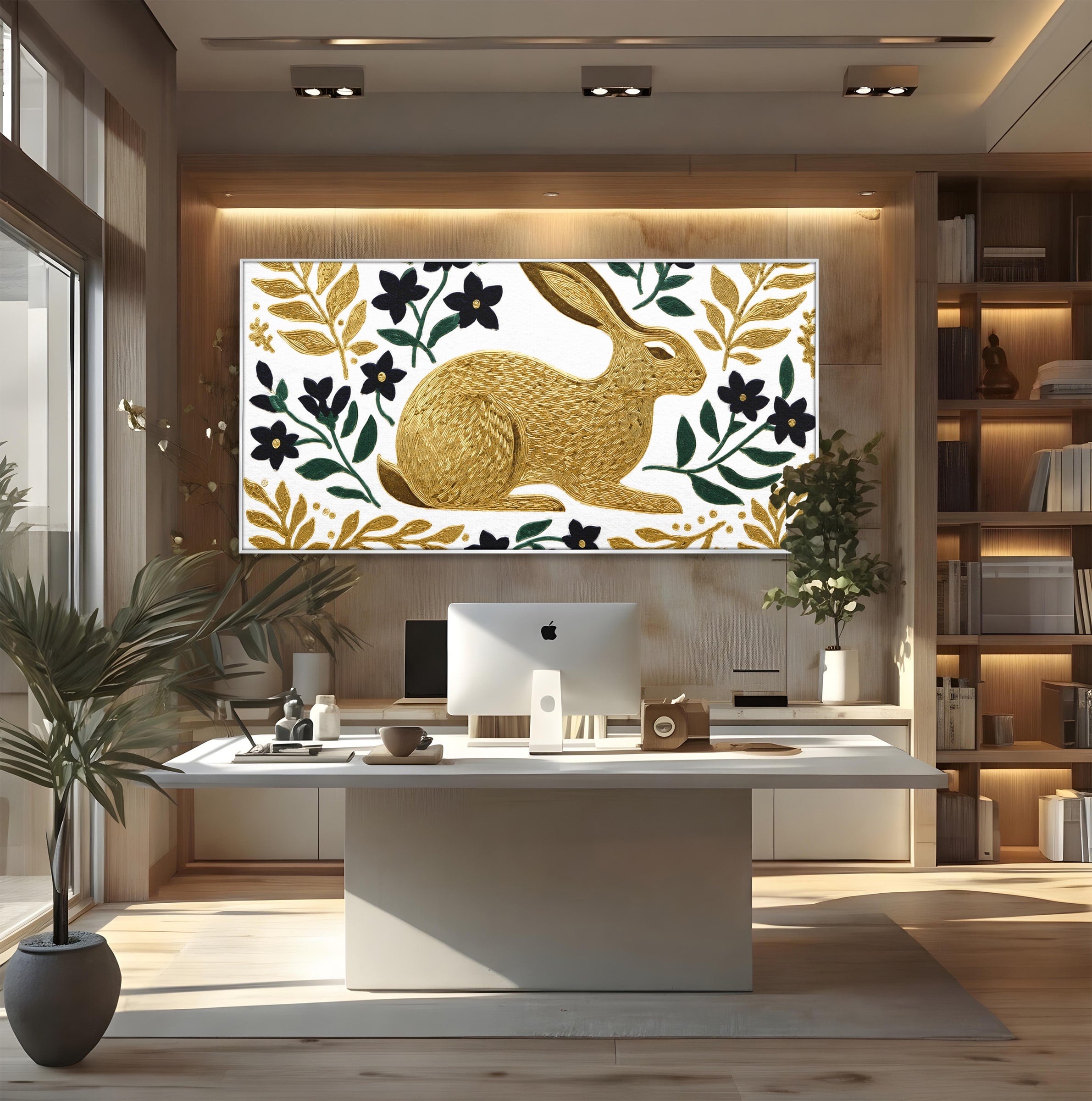 Tablou Canvas Premium LuxCanva® M1581, Iepure De Aur, Iepure, Auriu, Floral, Natura, Living, Culori Vibrante