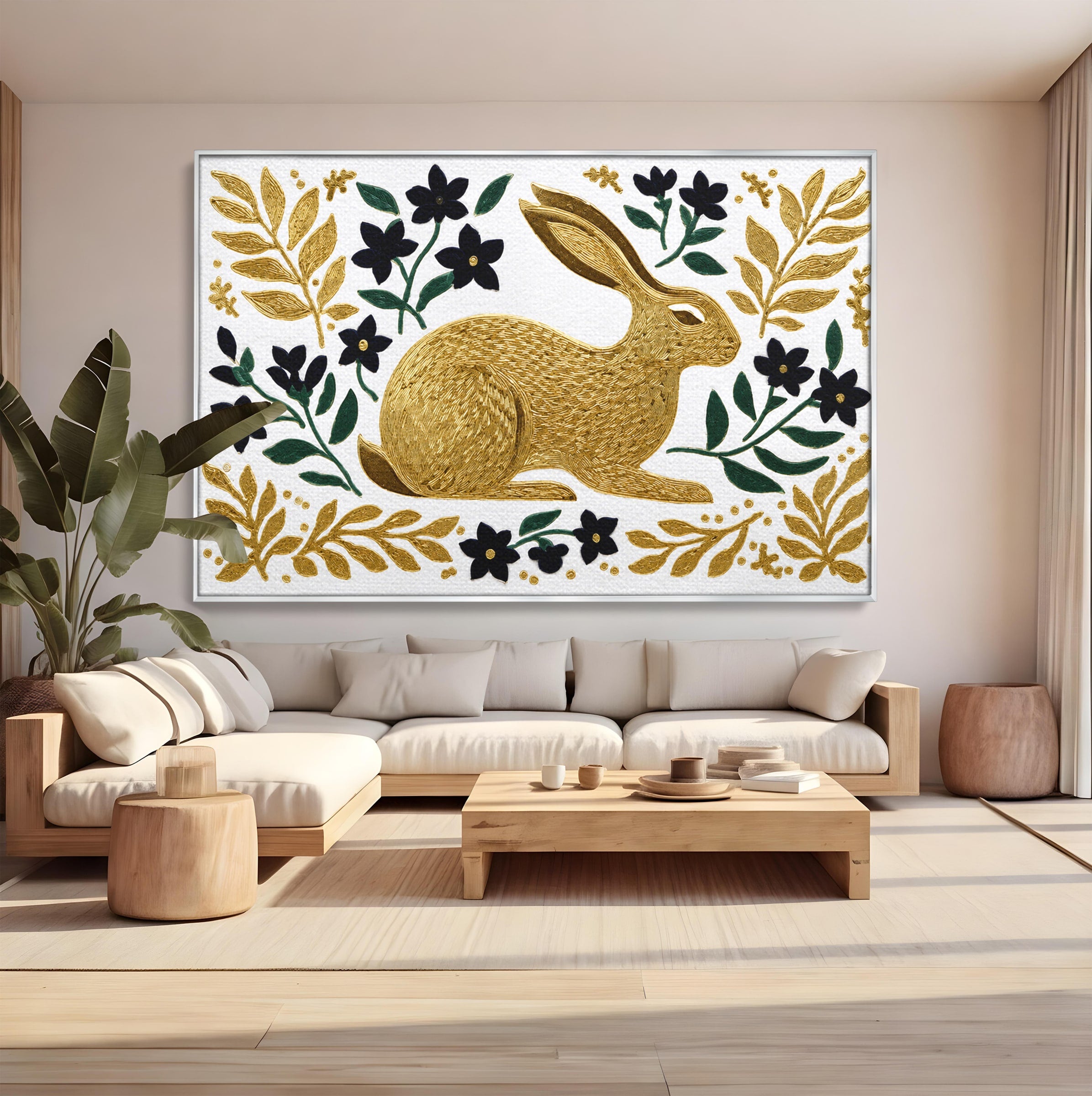 Tablou Canvas Premium LuxCanva® M1581, Iepure De Aur, Iepure, Auriu, Floral, Natura, Living, Culori Vibrante