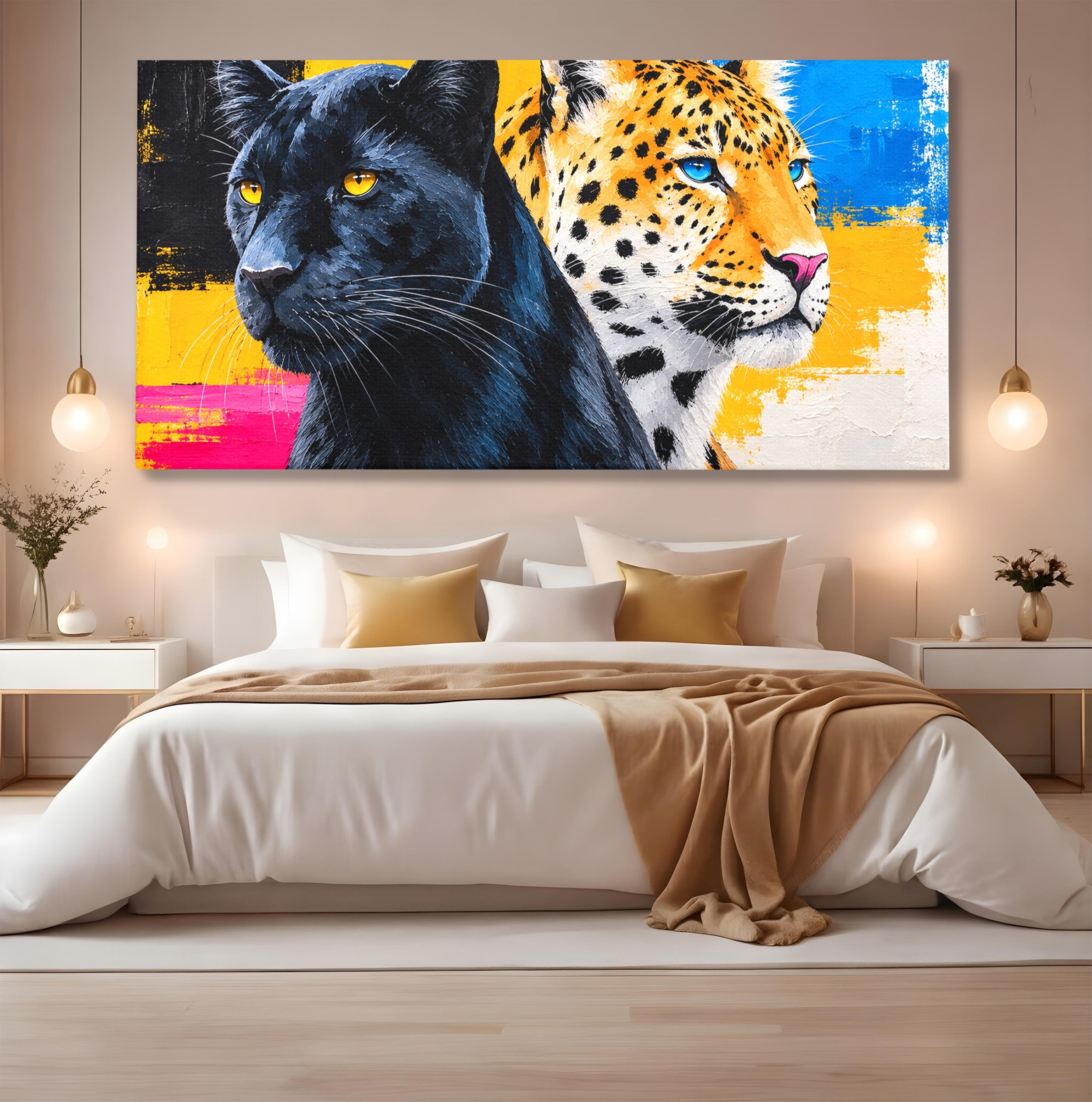 Tablou Canvas Premium LuxCanva® M1582, Pantera Si Leopardul, Pantera, Leopard, Animale, Sălbatic, Living, Culori Vibrante