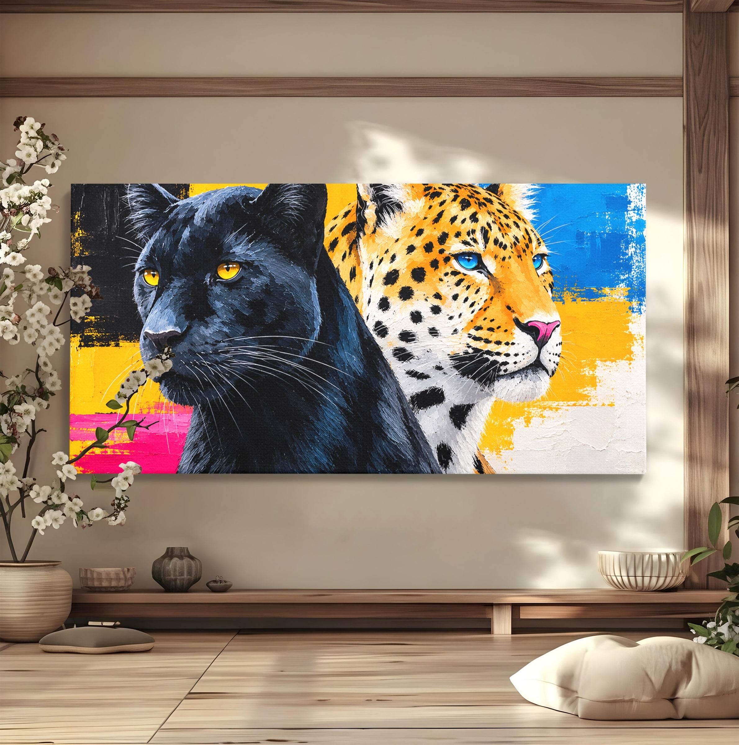 Tablou Canvas Premium LuxCanva® M1582, Pantera Si Leopardul, Pantera, Leopard, Animale, Sălbatic, Living, Culori Vibrante