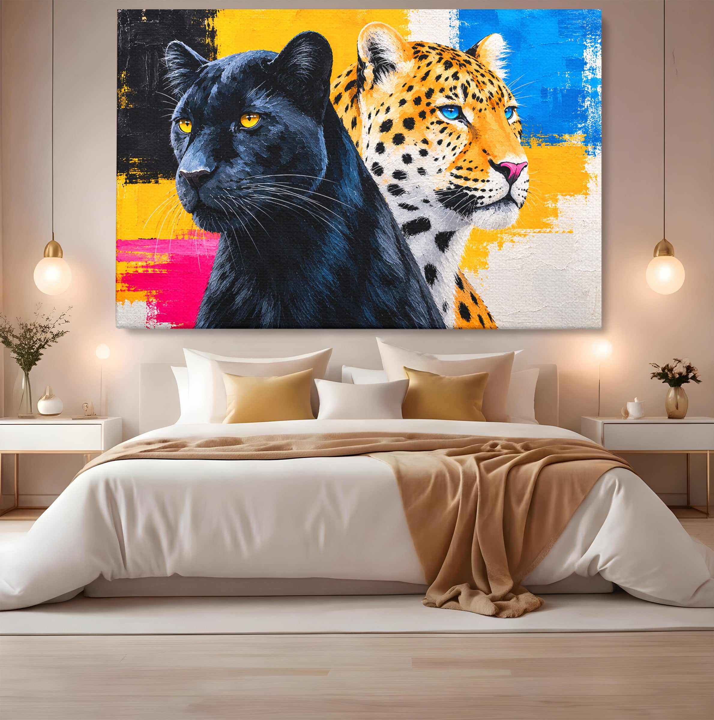 Tablou Canvas Premium LuxCanva® M1582, Pantera Si Leopardul, Pantera, Leopard, Animale, Sălbatic, Living, Culori Vibrante