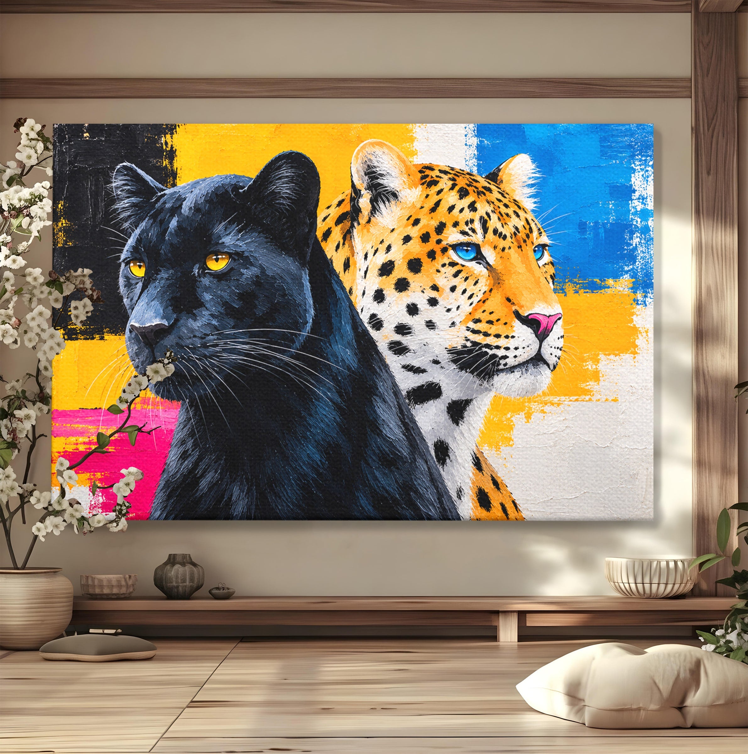 Tablou Canvas Premium LuxCanva® M1582, Pantera Si Leopardul, Pantera, Leopard, Animale, Sălbatic, Living, Culori Vibrante