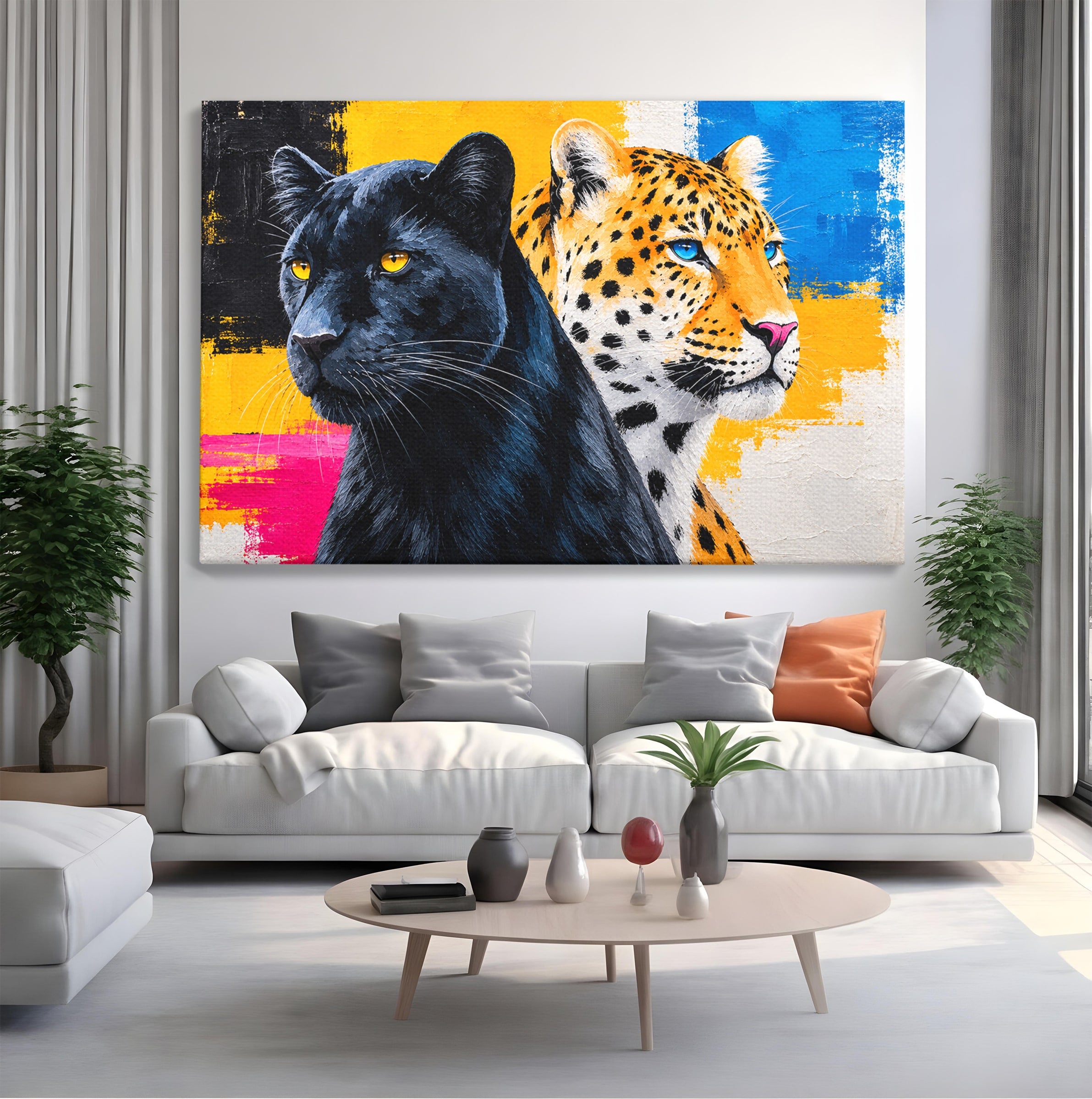 Tablou Canvas Premium LuxCanva® M1582, Pantera Si Leopardul, Pantera, Leopard, Animale, Sălbatic, Living, Culori Vibrante