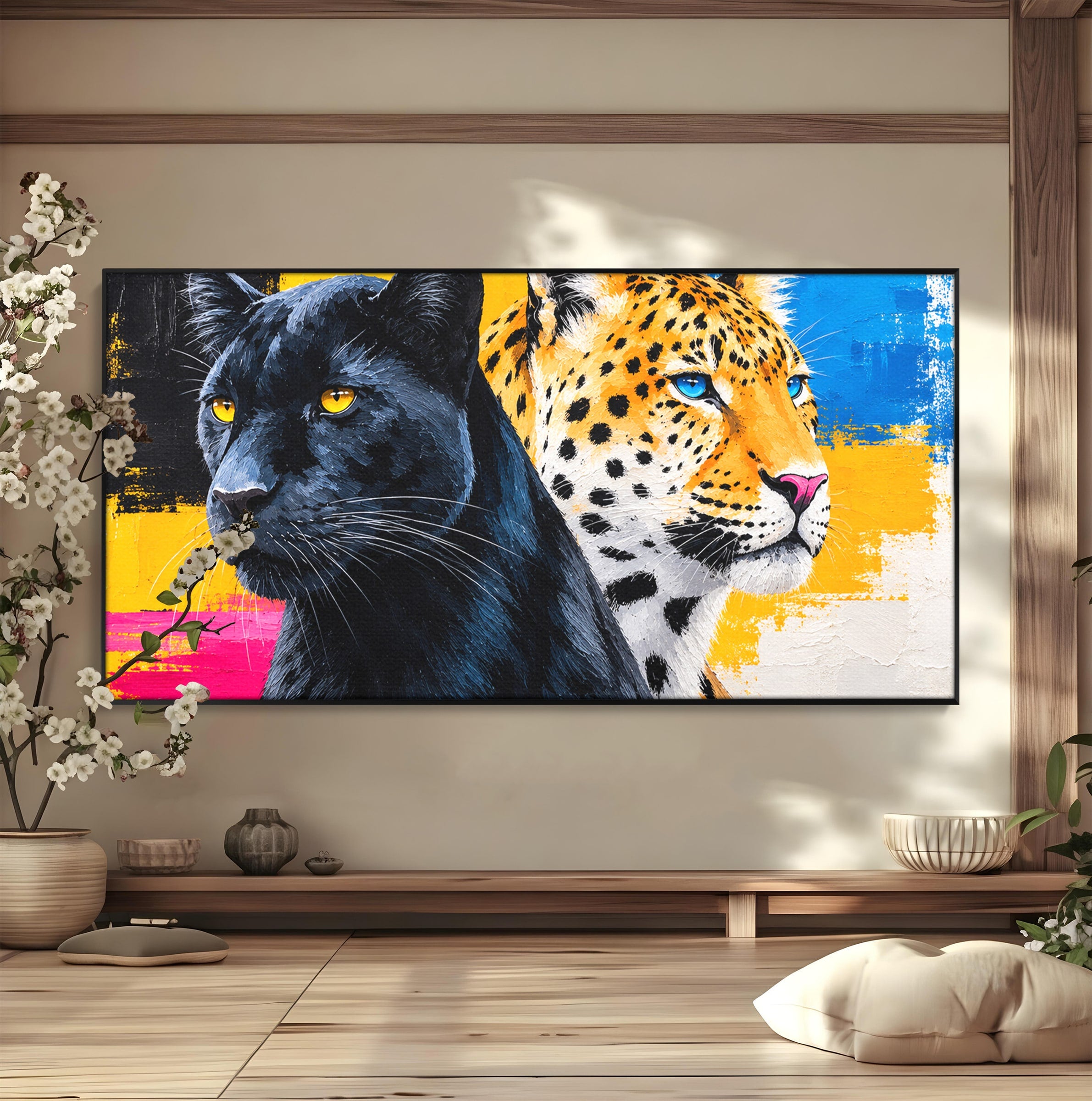 Tablou Canvas Premium LuxCanva® M1582, Pantera Si Leopardul, Pantera, Leopard, Animale, Sălbatic, Living, Culori Vibrante