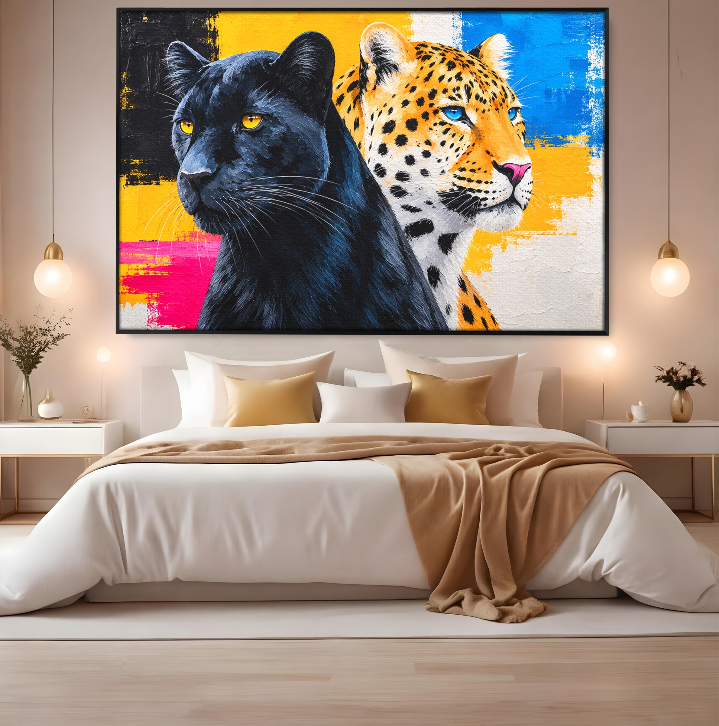 Tablou Canvas Premium LuxCanva® M1582, Pantera Si Leopardul, Pantera, Leopard, Animale, Sălbatic, Living, Culori Vibrante