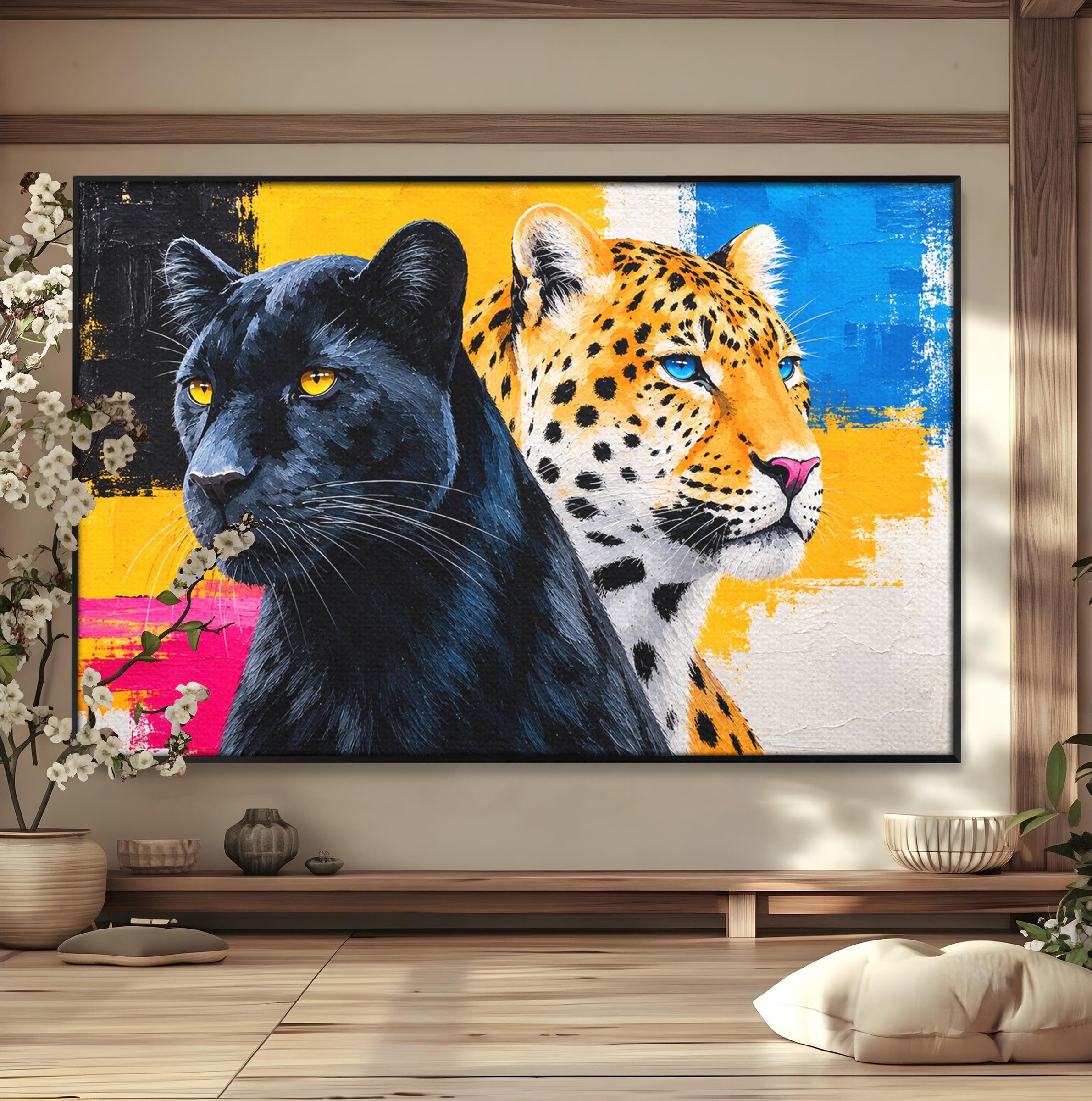 Tablou Canvas Premium LuxCanva® M1582, Pantera Si Leopardul, Pantera, Leopard, Animale, Sălbatic, Living, Culori Vibrante