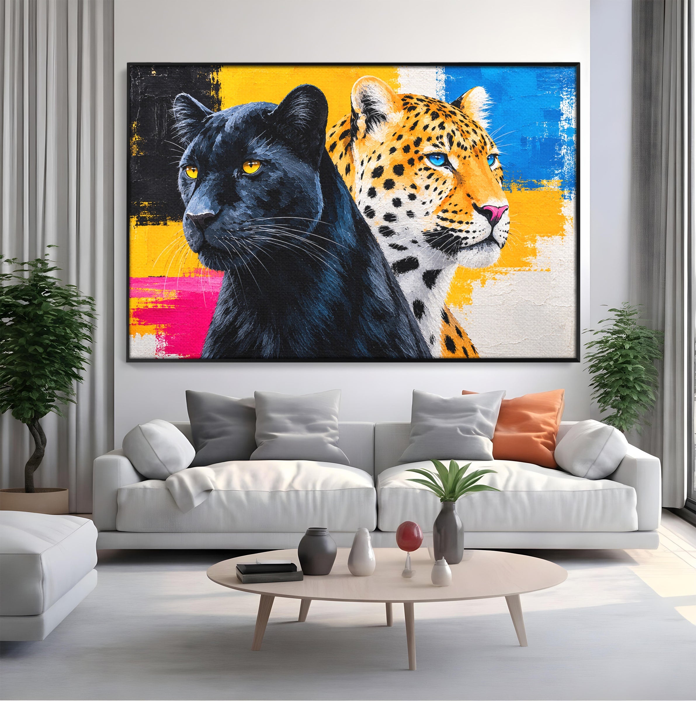Tablou Canvas Premium LuxCanva® M1582, Pantera Si Leopardul, Pantera, Leopard, Animale, Sălbatic, Living, Culori Vibrante