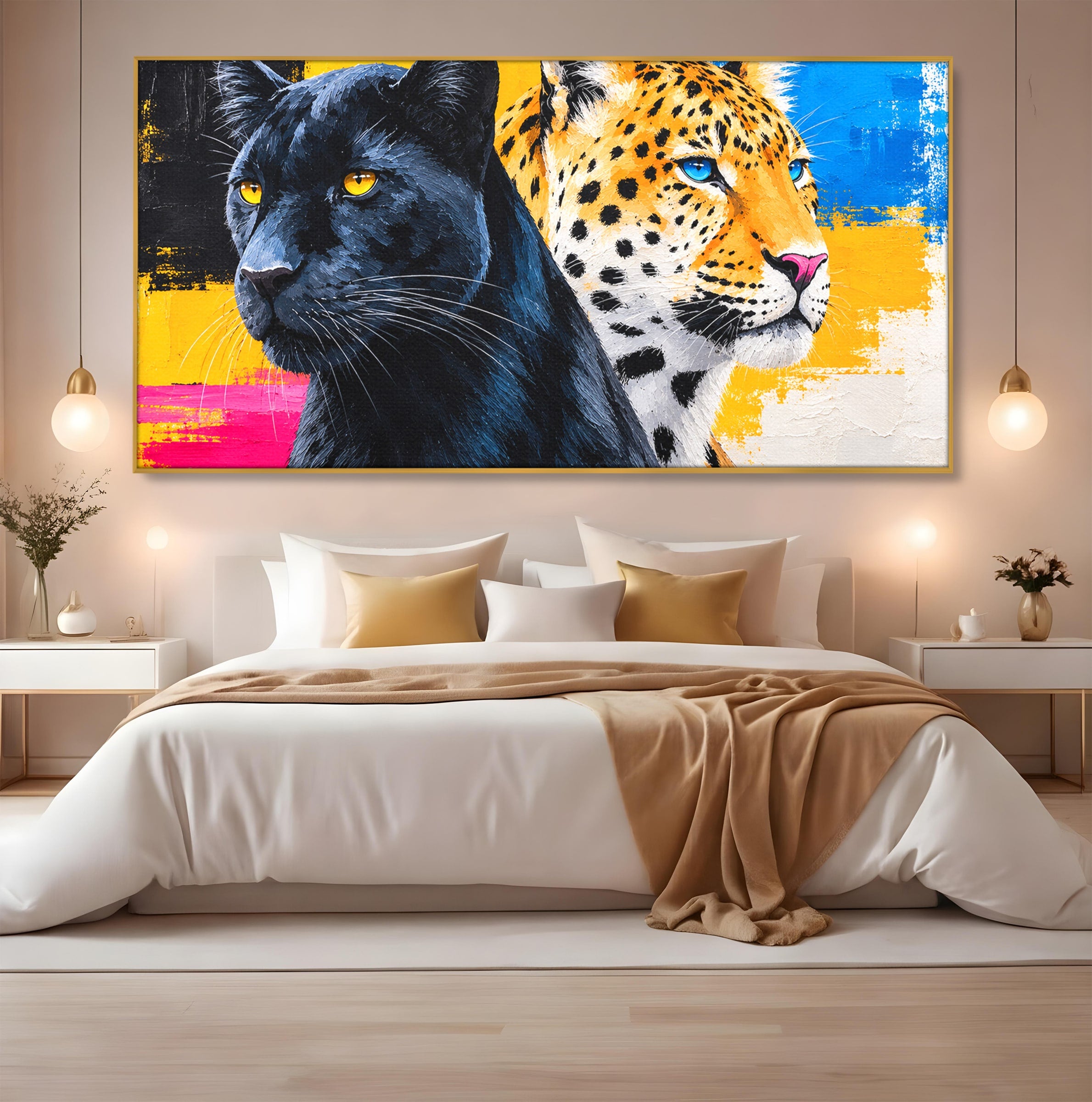 Tablou Canvas Premium LuxCanva® M1582, Pantera Si Leopardul, Pantera, Leopard, Animale, Sălbatic, Living, Culori Vibrante