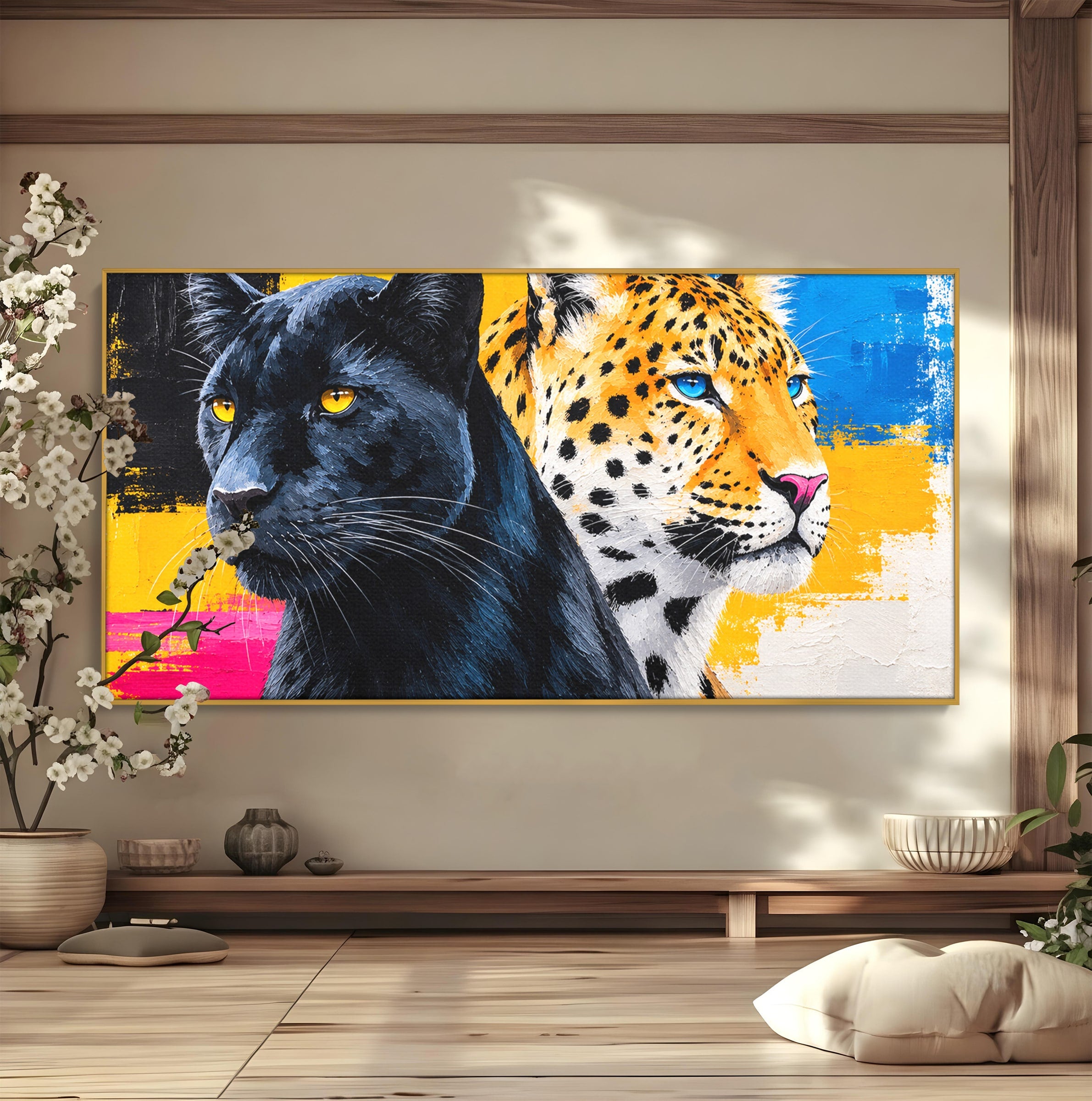 Tablou Canvas Premium LuxCanva® M1582, Pantera Si Leopardul, Pantera, Leopard, Animale, Sălbatic, Living, Culori Vibrante