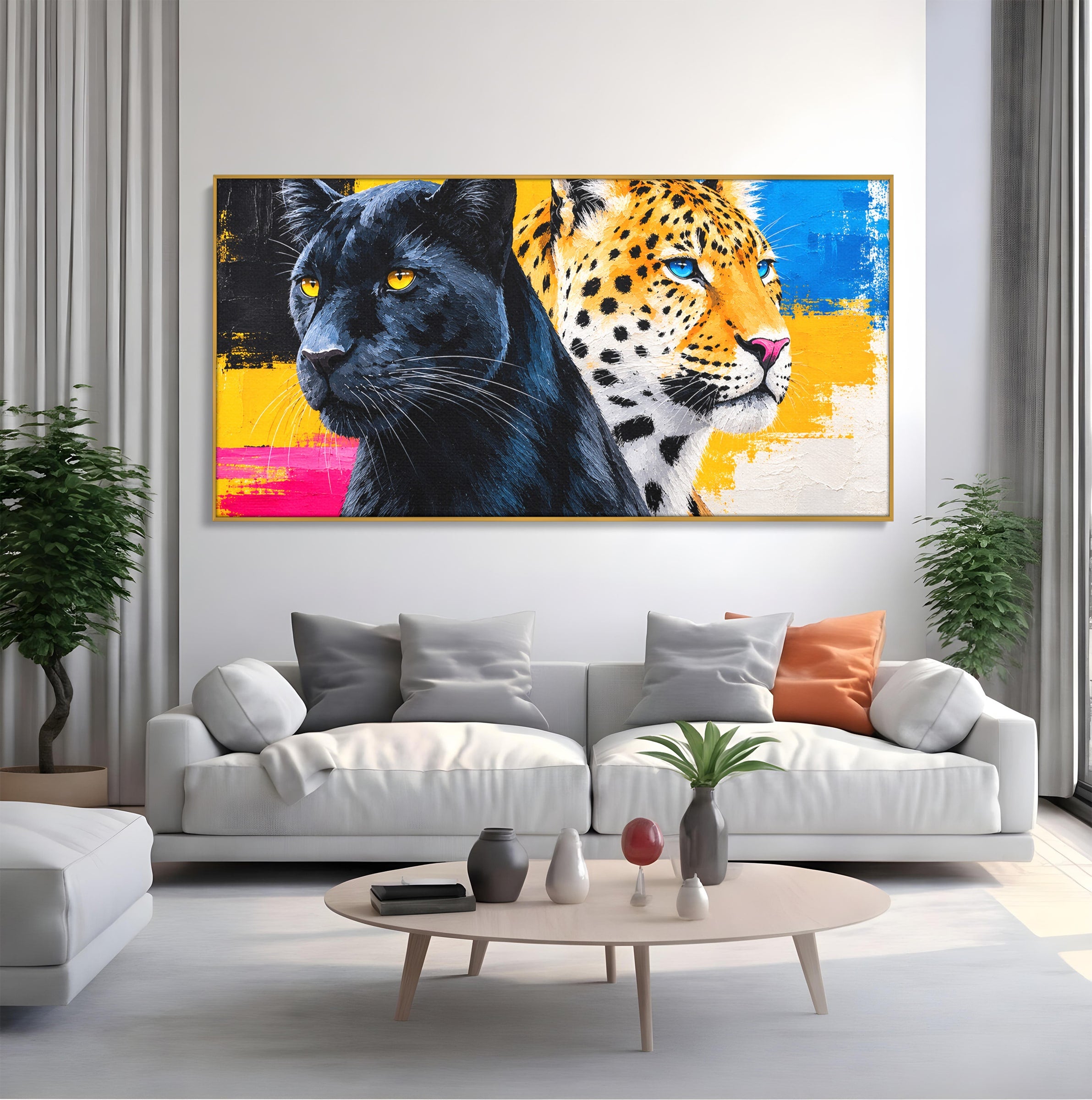 Tablou Canvas Premium LuxCanva® M1582, Pantera Si Leopardul, Pantera, Leopard, Animale, Sălbatic, Living, Culori Vibrante