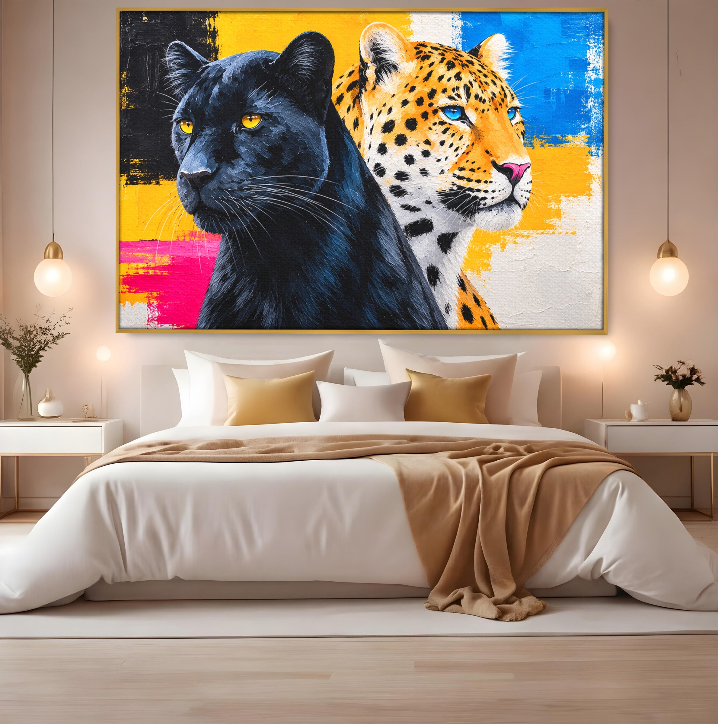 Tablou Canvas Premium LuxCanva® M1582, Pantera Si Leopardul, Pantera, Leopard, Animale, Sălbatic, Living, Culori Vibrante