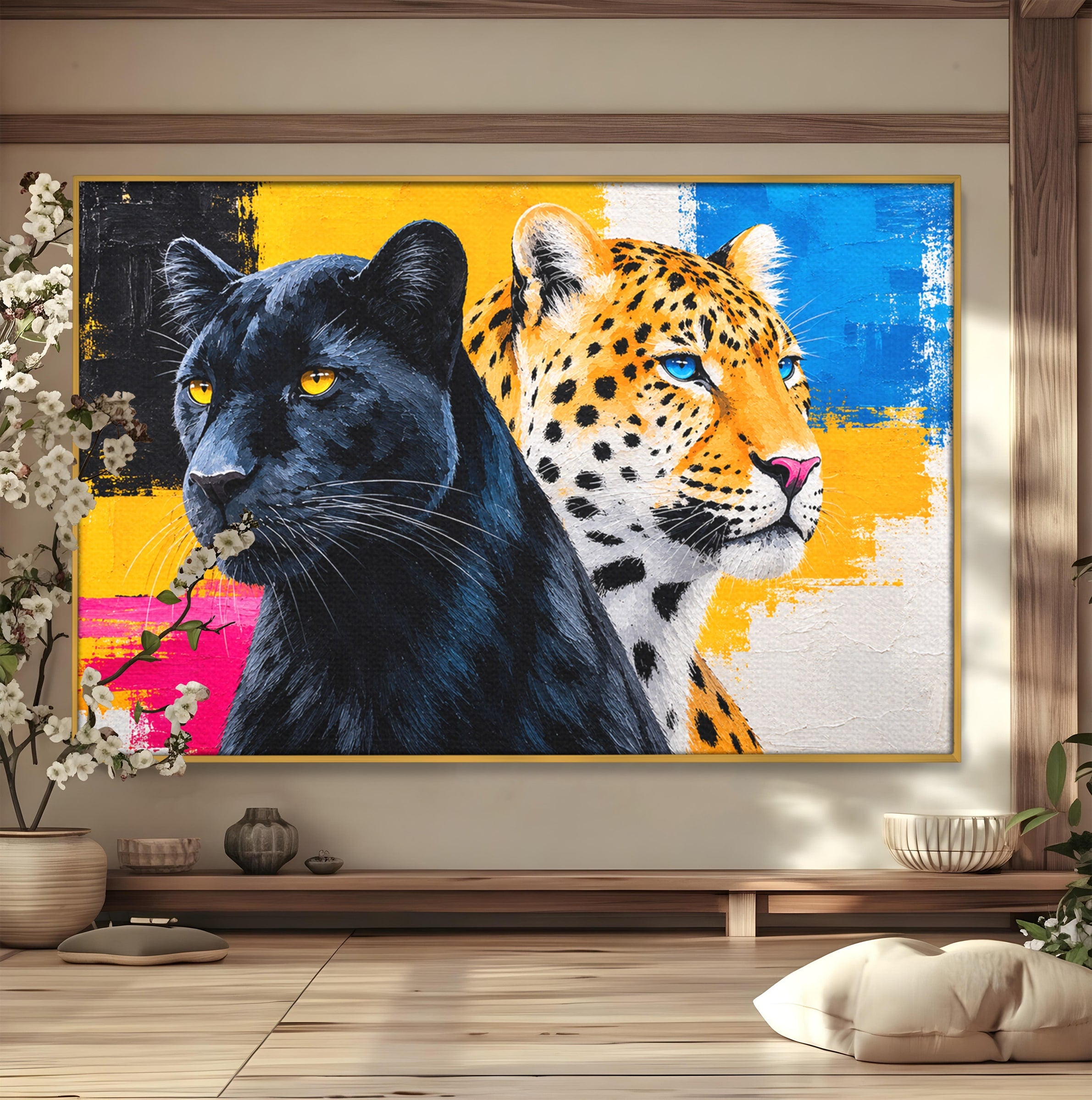Tablou Canvas Premium LuxCanva® M1582, Pantera Si Leopardul, Pantera, Leopard, Animale, Sălbatic, Living, Culori Vibrante