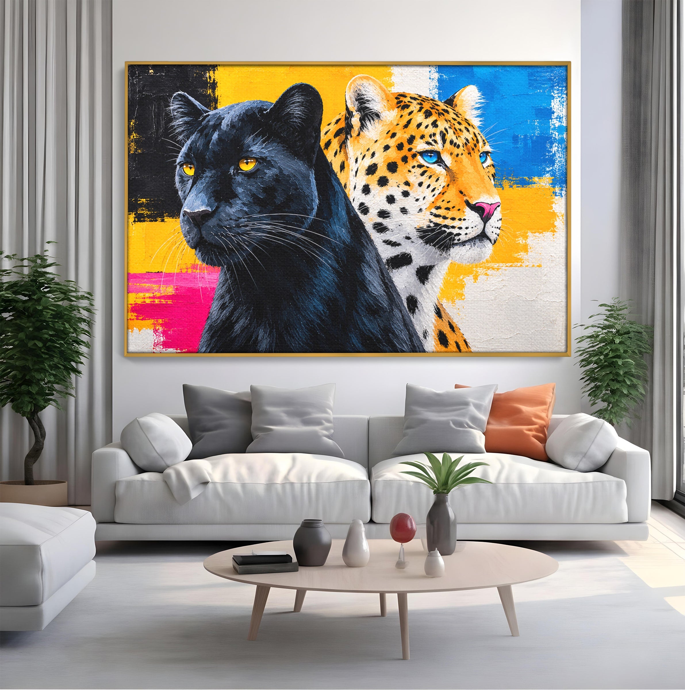 Tablou Canvas Premium LuxCanva® M1582, Pantera Si Leopardul, Pantera, Leopard, Animale, Sălbatic, Living, Culori Vibrante