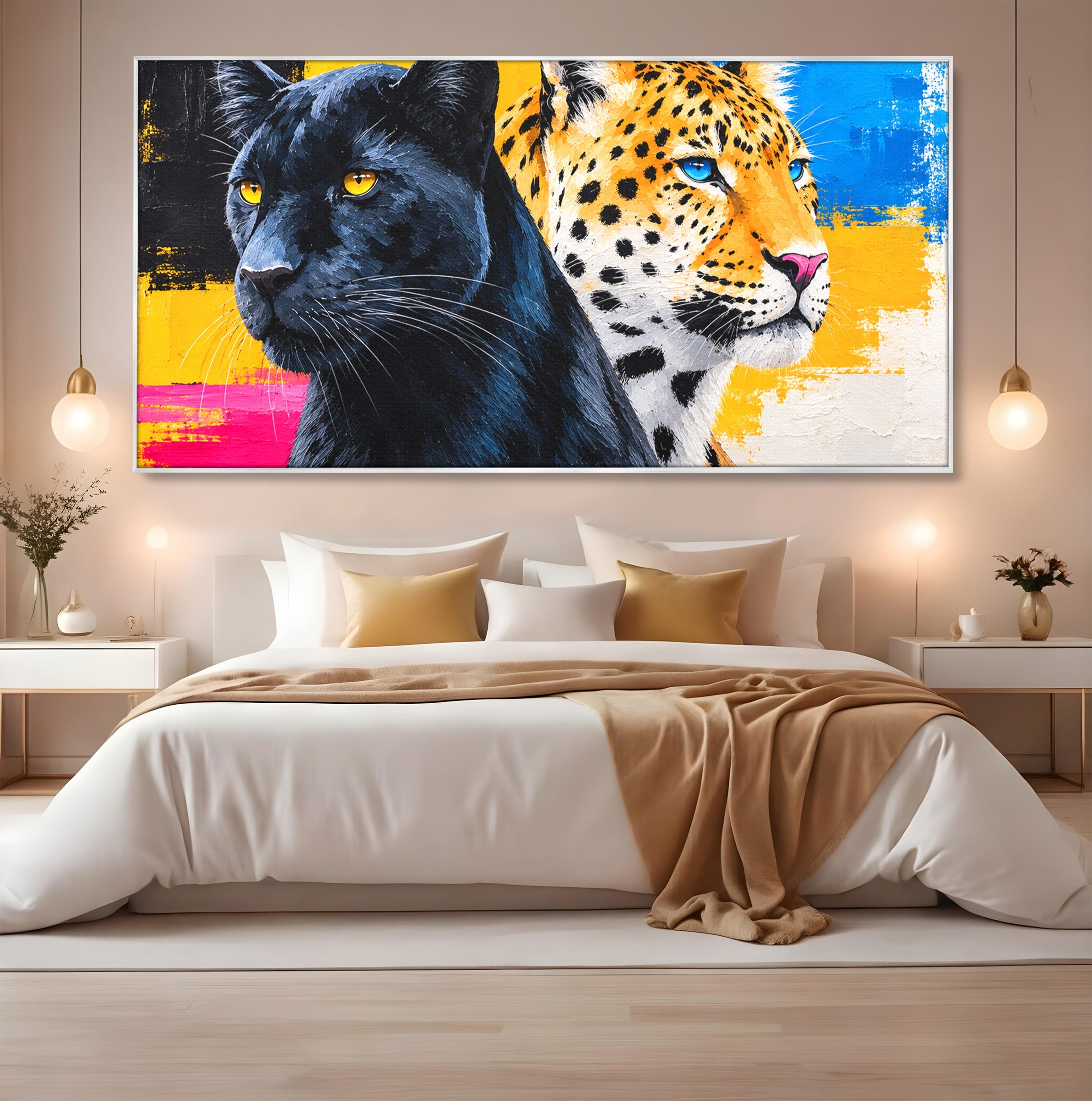 Tablou Canvas Premium LuxCanva® M1582, Pantera Si Leopardul, Pantera, Leopard, Animale, Sălbatic, Living, Culori Vibrante