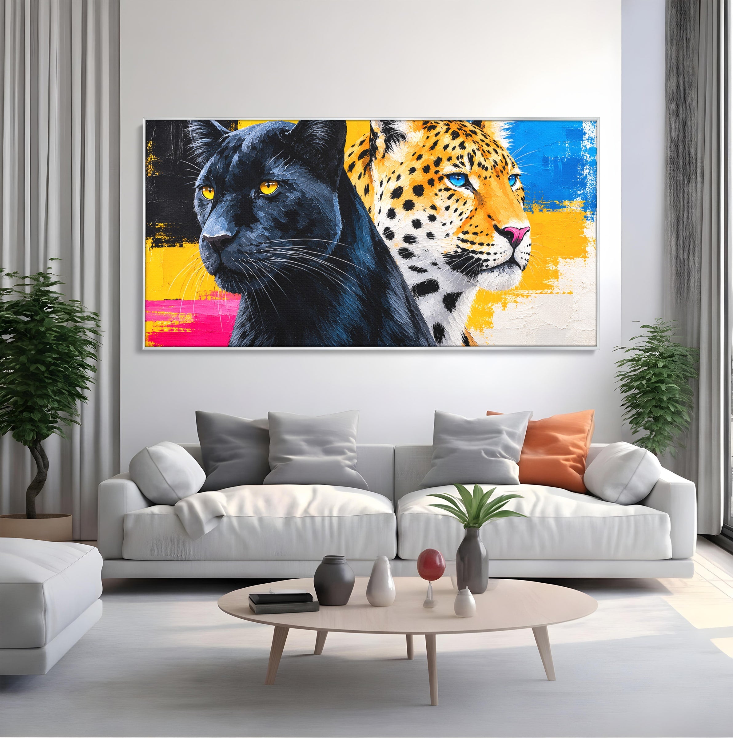 Tablou Canvas Premium LuxCanva® M1582, Pantera Si Leopardul, Pantera, Leopard, Animale, Sălbatic, Living, Culori Vibrante