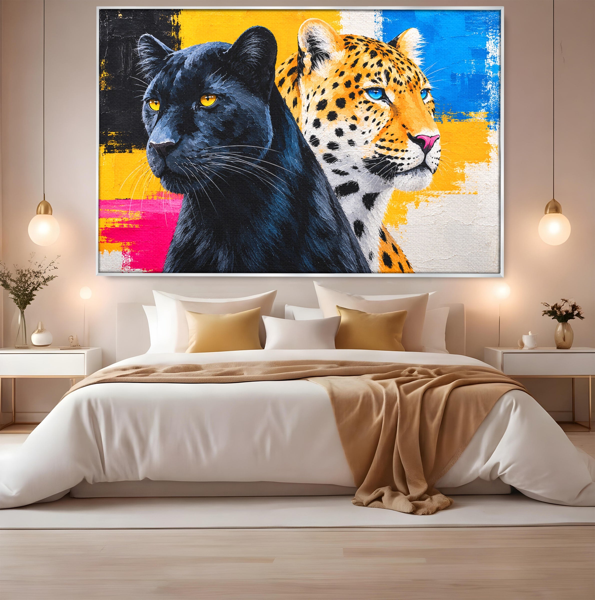 Tablou Canvas Premium LuxCanva® M1582, Pantera Si Leopardul, Pantera, Leopard, Animale, Sălbatic, Living, Culori Vibrante