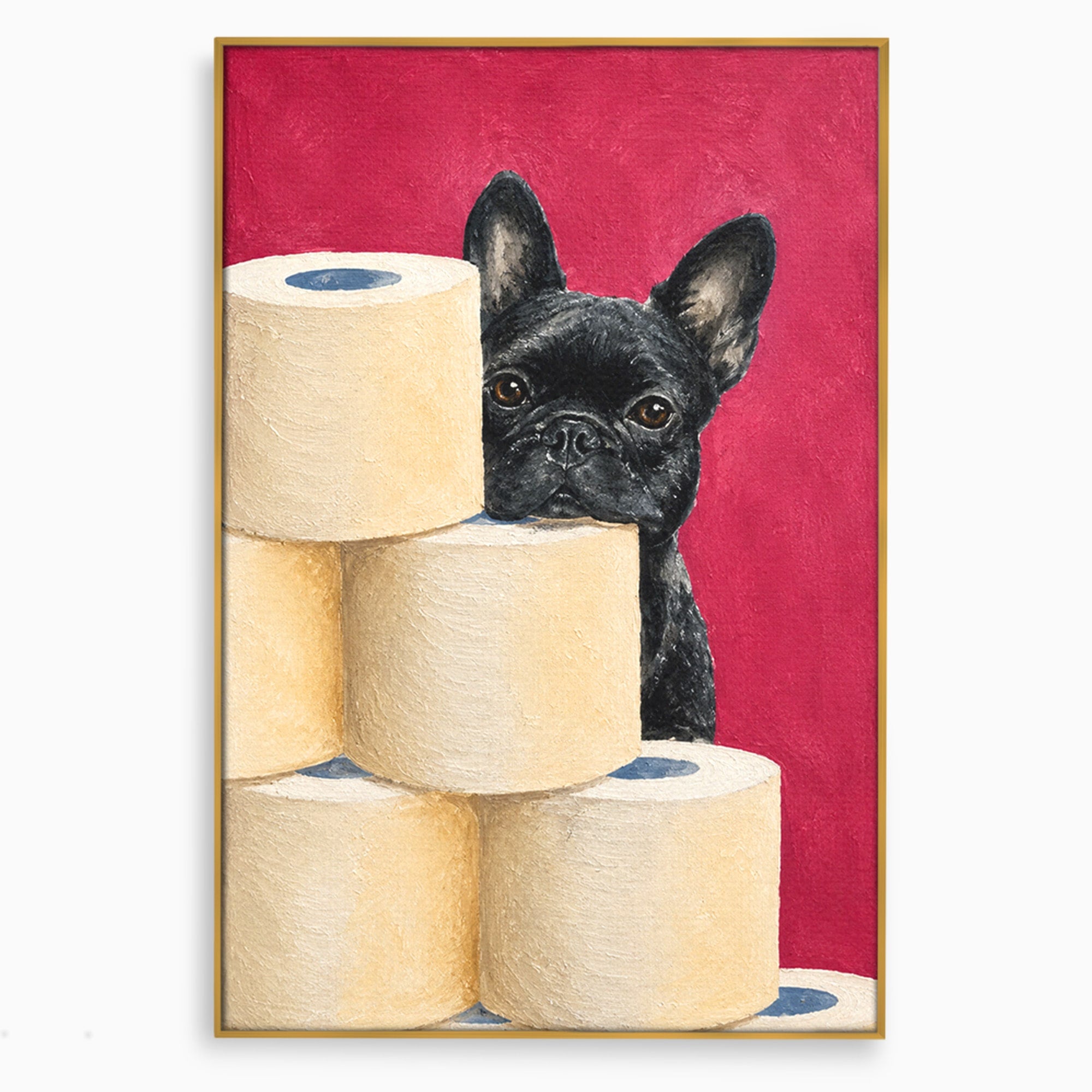 Tablou Canvas Premium LuxCanva® M1585, Bulldog Francez Jucaus, Bulldog, Toaleta, Amuzant, Living, Caine, Arta, Dormitor, Culori Vibrante