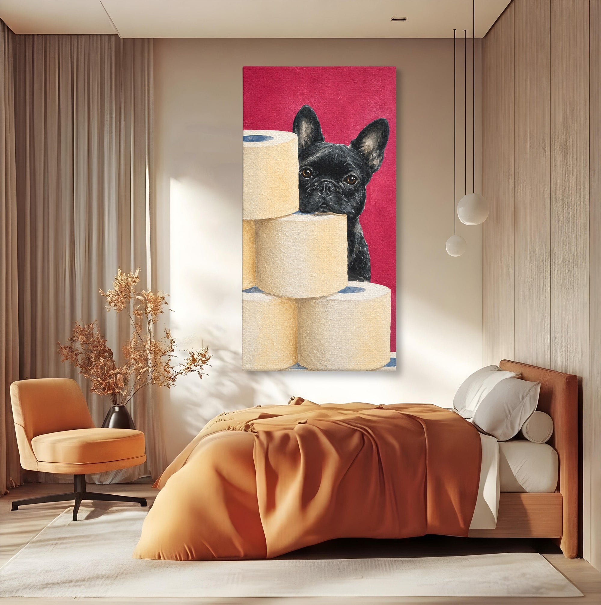 Tablou Canvas Premium LuxCanva® M1585, Bulldog Francez Jucaus, Bulldog, Toaleta, Amuzant, Living, Caine, Arta, Dormitor, Culori Vibrante